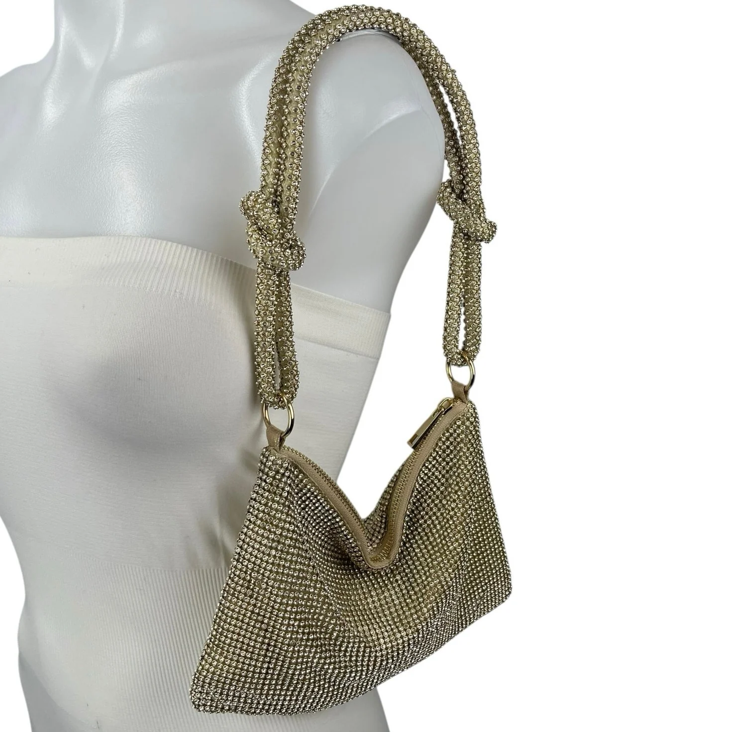 Gold Knotted Strap Rhinestone Beaded Sparkly Chic Evening Shoulder Handbag OS - Image 4
