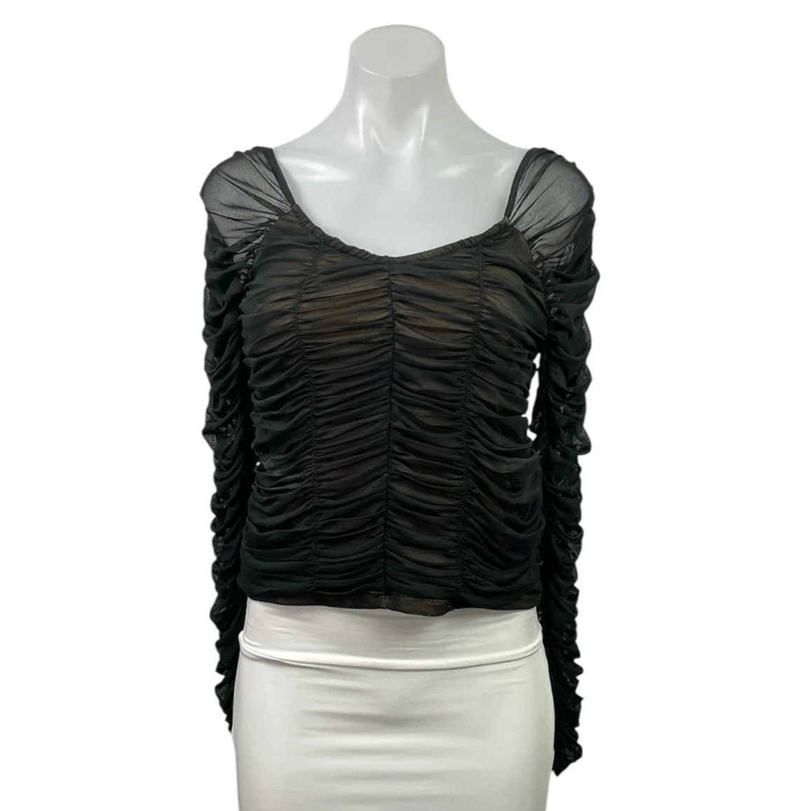 Good American Black All Over Ruched Mesh Scoop Neck Long Sleeve Blouse Top Sz L