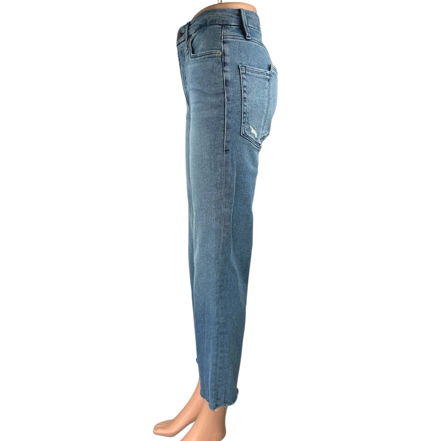 Good American Blue Frayed Raw Hem High Waist Straight Crop Denim Jeans Pants 4 - Image 2