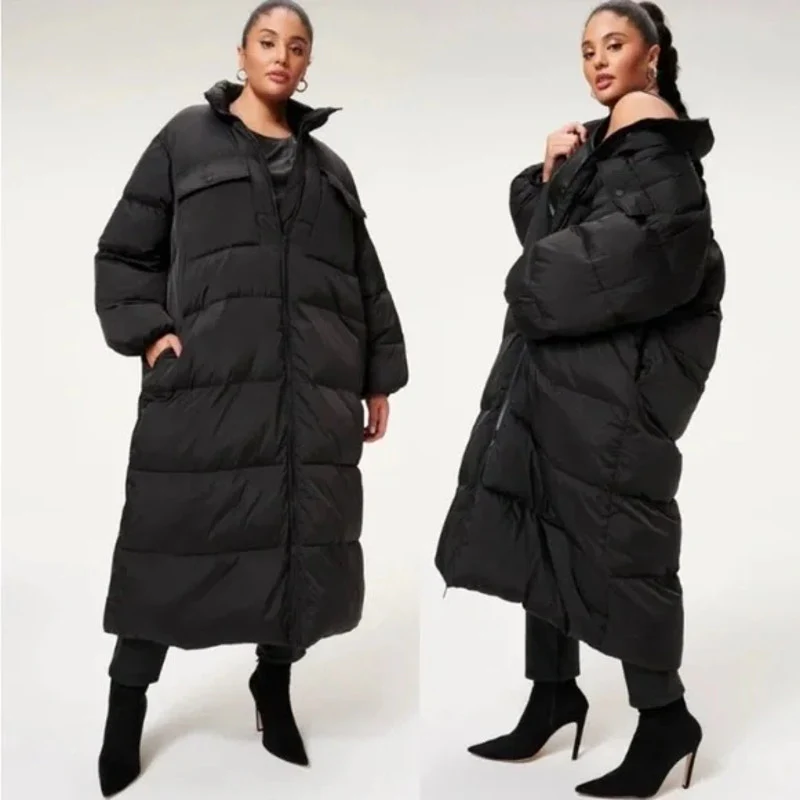 Good American Long Line Women's Black Pocket Full Zip Puffer Coat Jacket Size 3 - Image 3