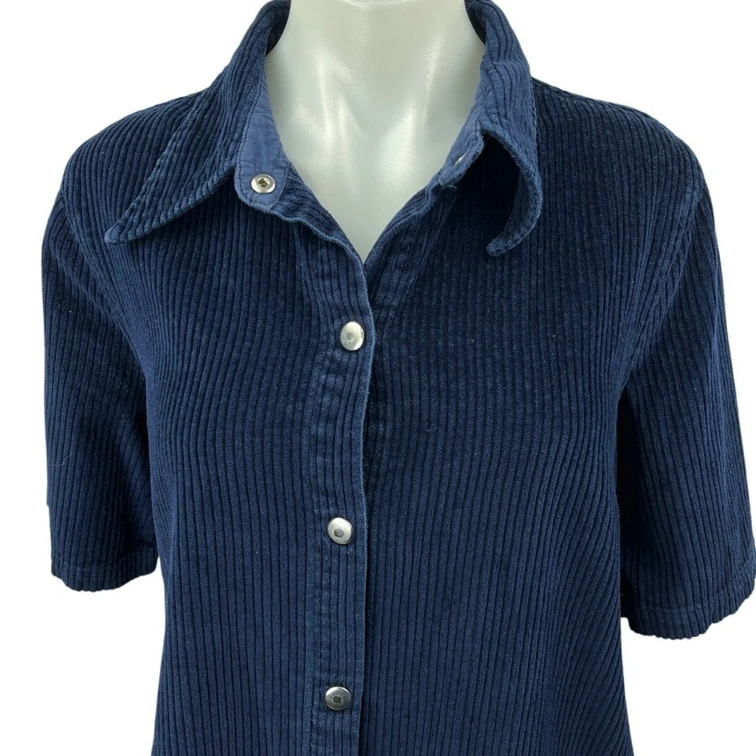Gorman Blue Corduroy Velvet Velour Short Sleeve Button Up Ruffle Shirt Dress 12 - Image 3