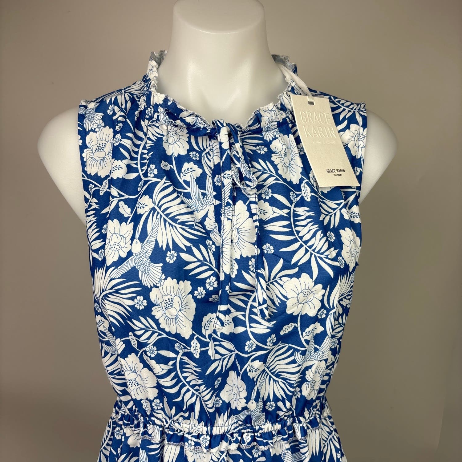 Grace Karin NWT Blue Tropical Floral Sleeveless Ruffle Neck Maxi Dress Size S - Image 4