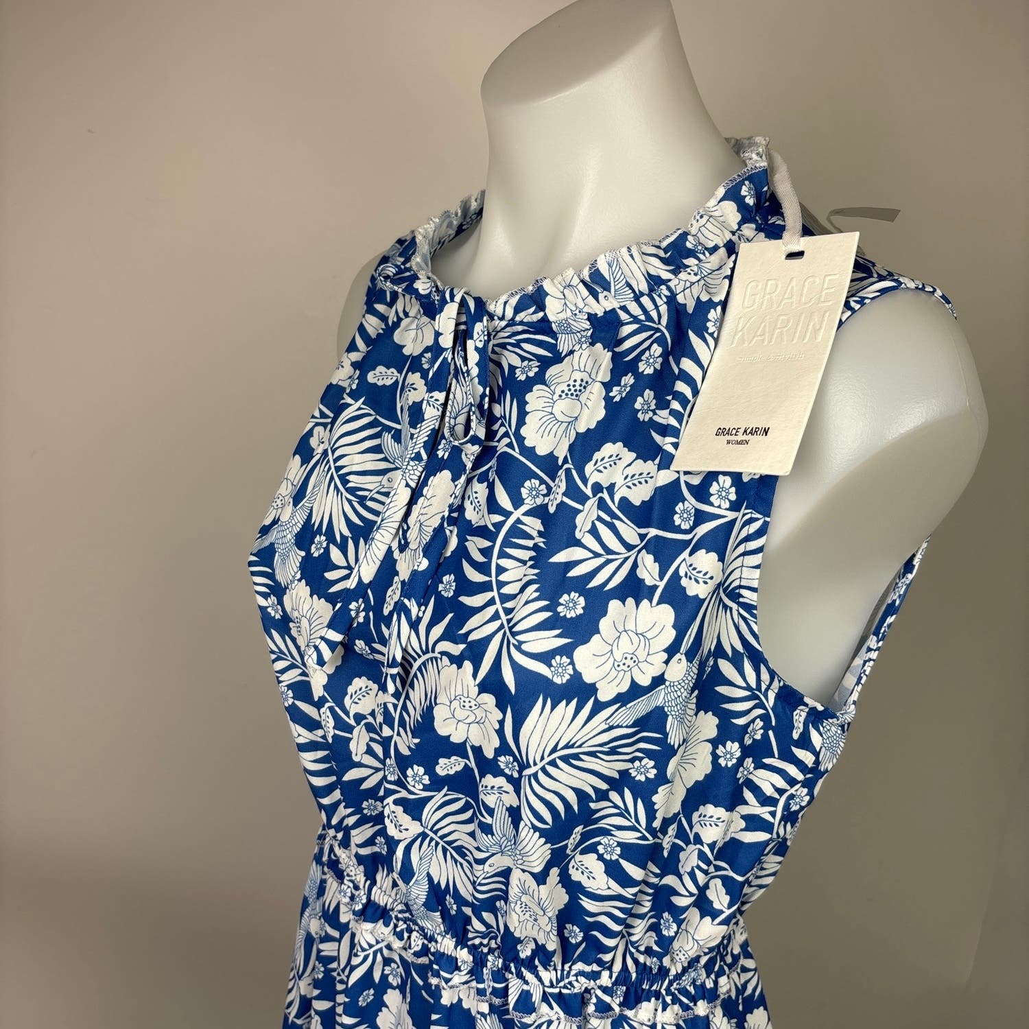 Grace Karin NWT Blue Tropical Floral Sleeveless Ruffle Neck Maxi Dress Size S - Image 5