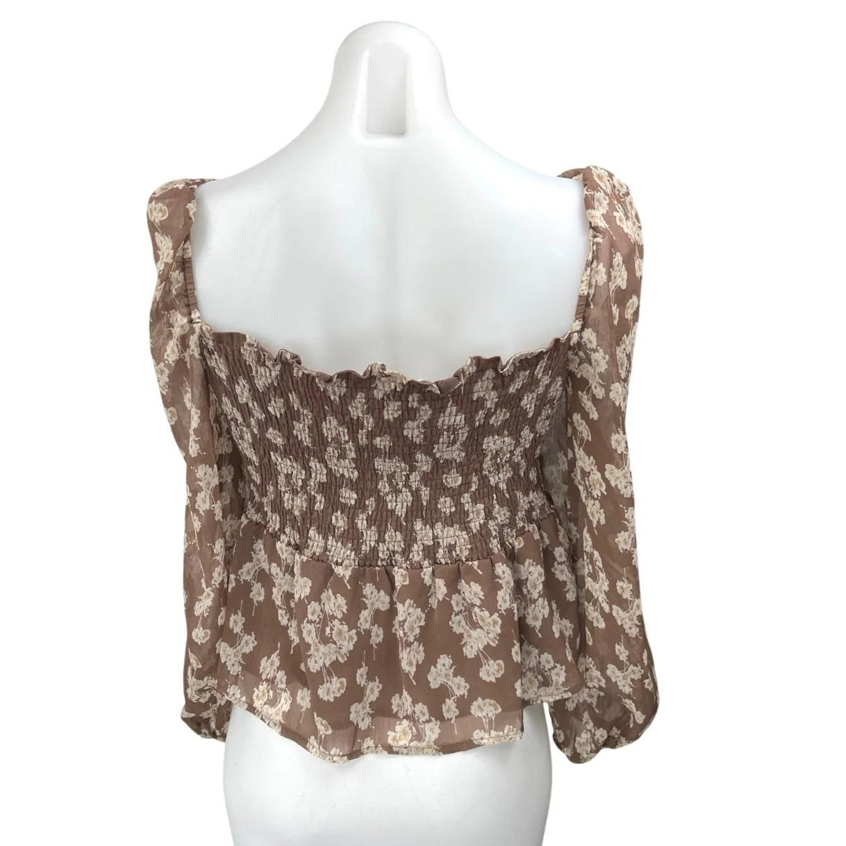 Grade & Gather Brown Floral Long Sleeve Smocked Babydoll Peplum Blouse Top Sz M - Image 2