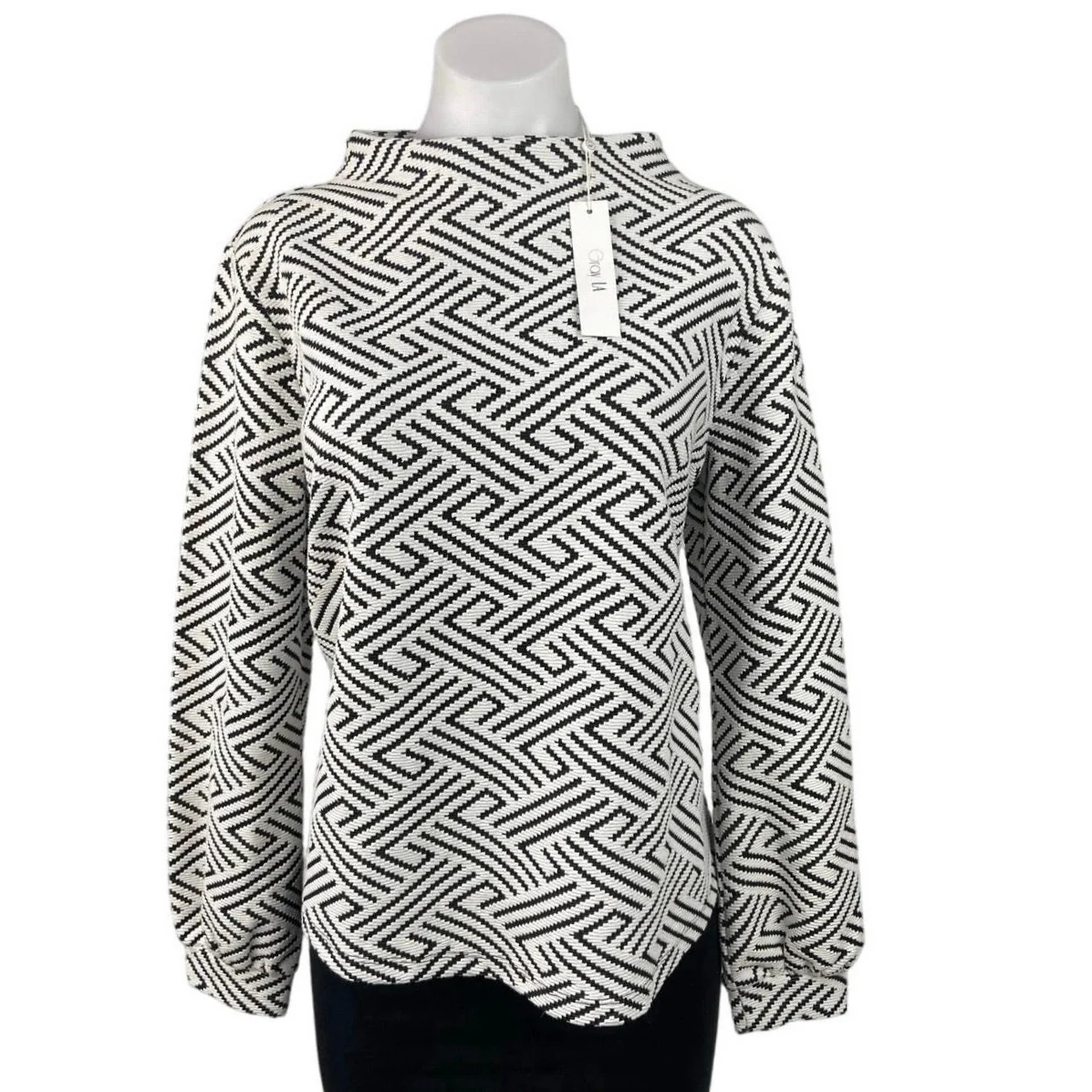 Gray LA NWT White Black Textured Mock Neck Zipper Long Sleeve Blouse Top Size M