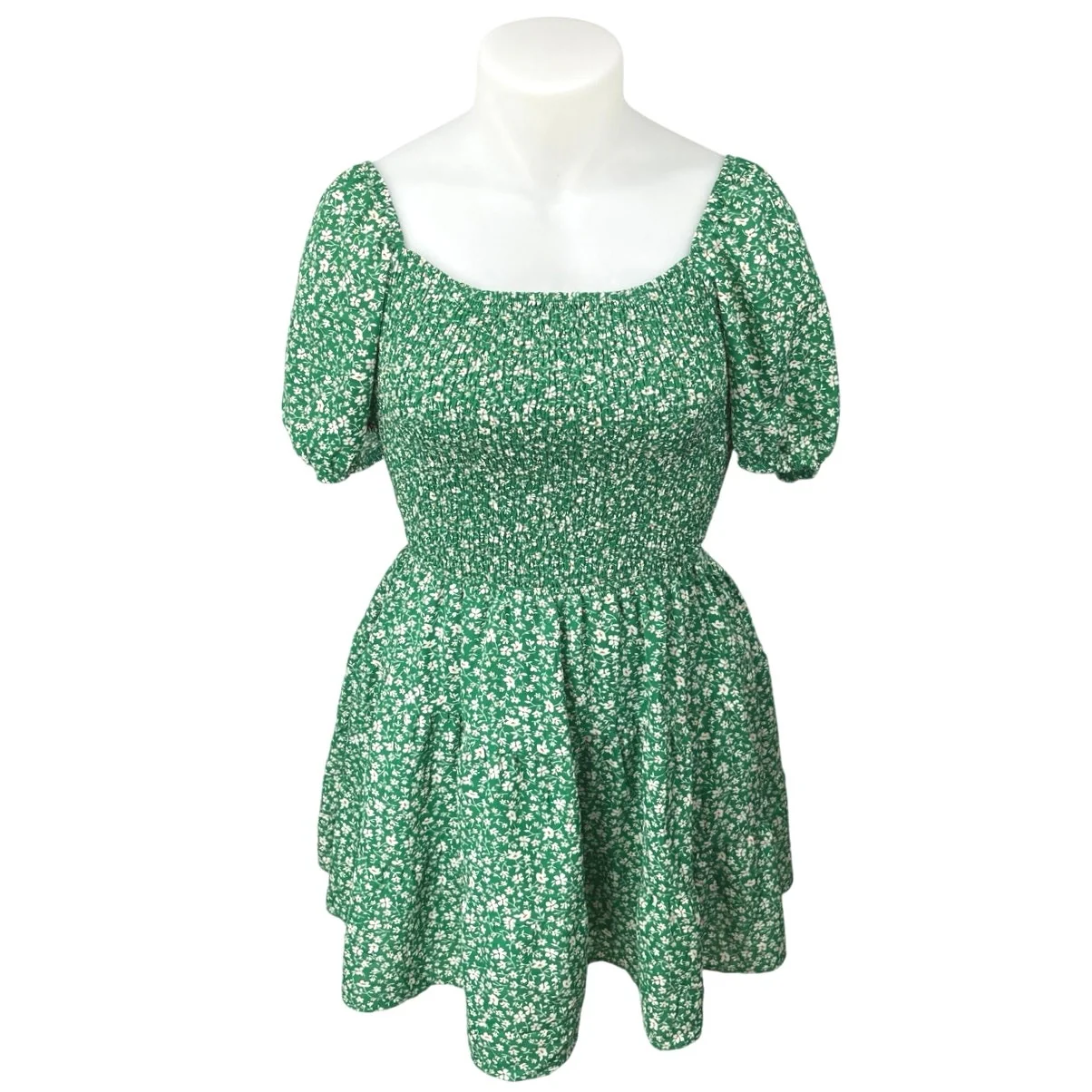 Green White Floral Smocked Puff Sleeve Cutout Back A Line Mini Dress Size XXL
