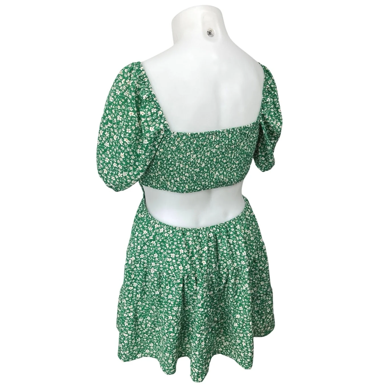 Green White Floral Smocked Puff Sleeve Cutout Back A Line Mini Dress Size XXL - Image 2