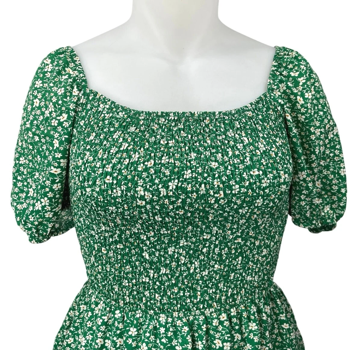 Green White Floral Smocked Puff Sleeve Cutout Back A Line Mini Dress Size XXL - Image 3