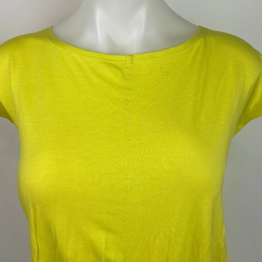 GSTQ Yellow Cap Sleeve Bateau Neck Plain Simple Tie Hem T Shirt Crop Top Size L - Image 3