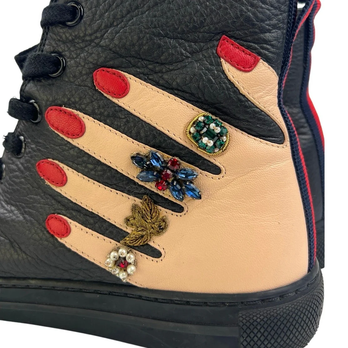 Gucci Girls Kids Black Hand Leather Beaded Embellished High Top Sneakers Size 37 - Image 5