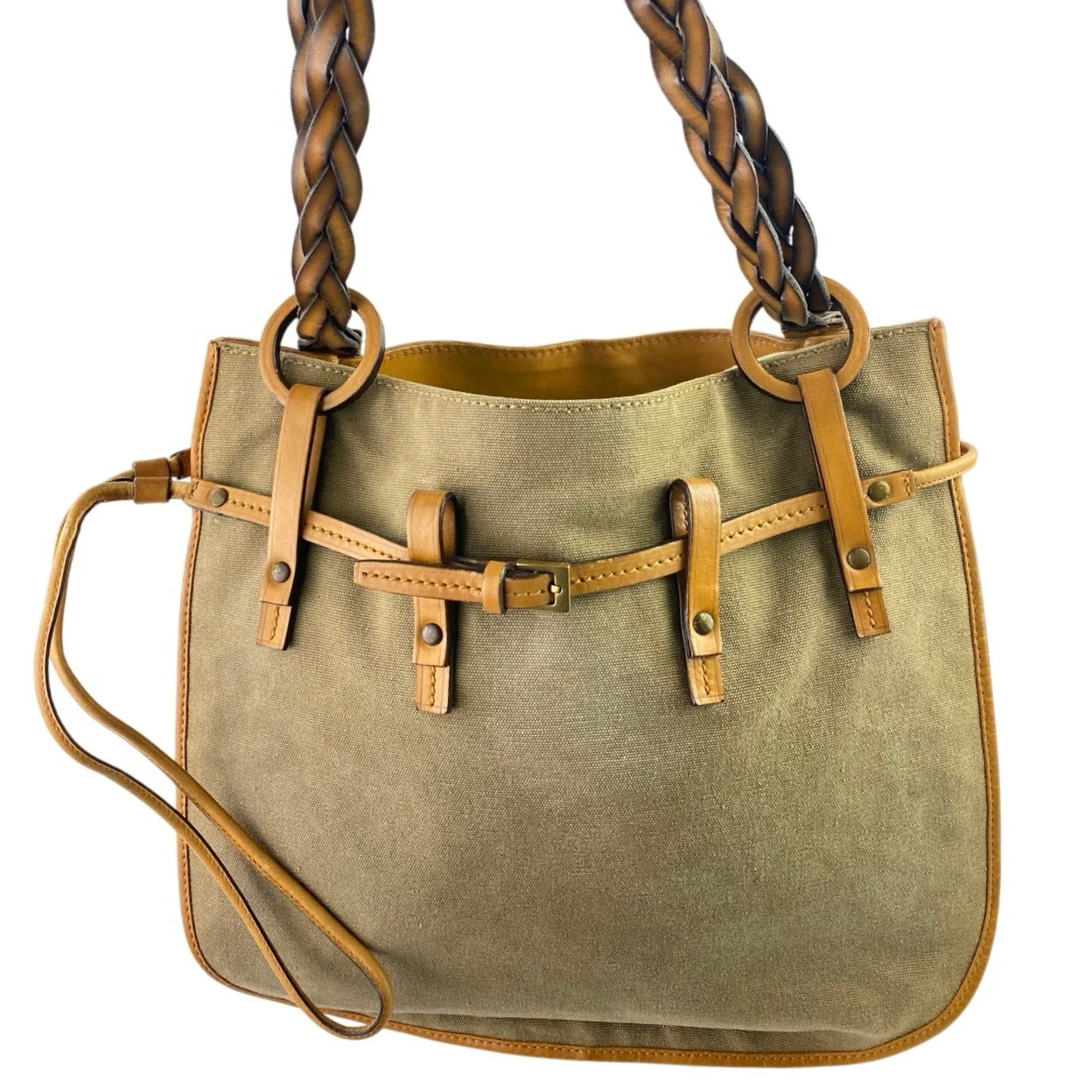 Gucci Women's Gray Green Braided Leather Straps Canvas Tote Shoulder Hand Bag - Image 3