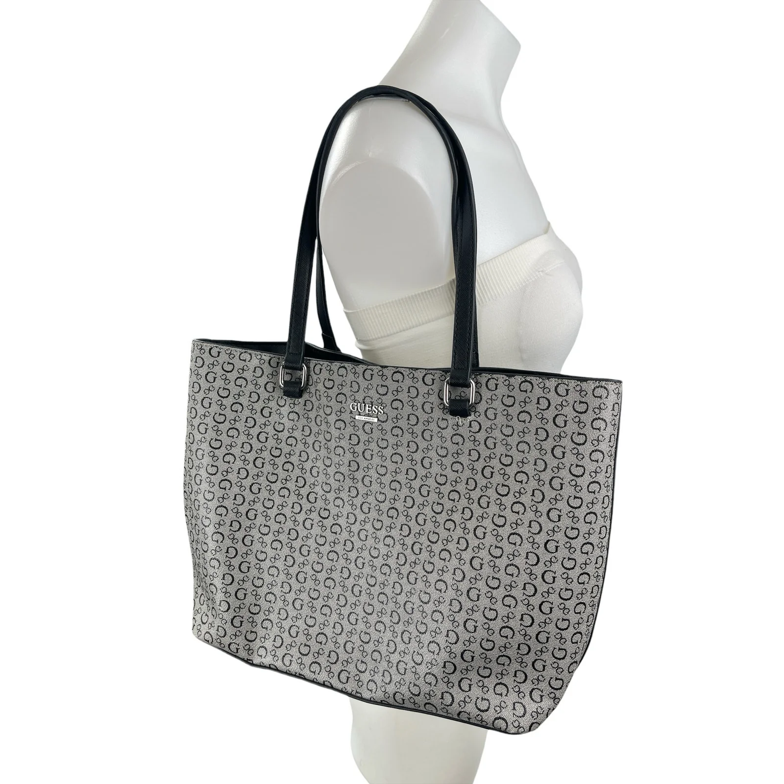 Guess Gray Black Monogram Jacquard Logo Removable Pouch Shopper Tote Bag OS - Image 2
