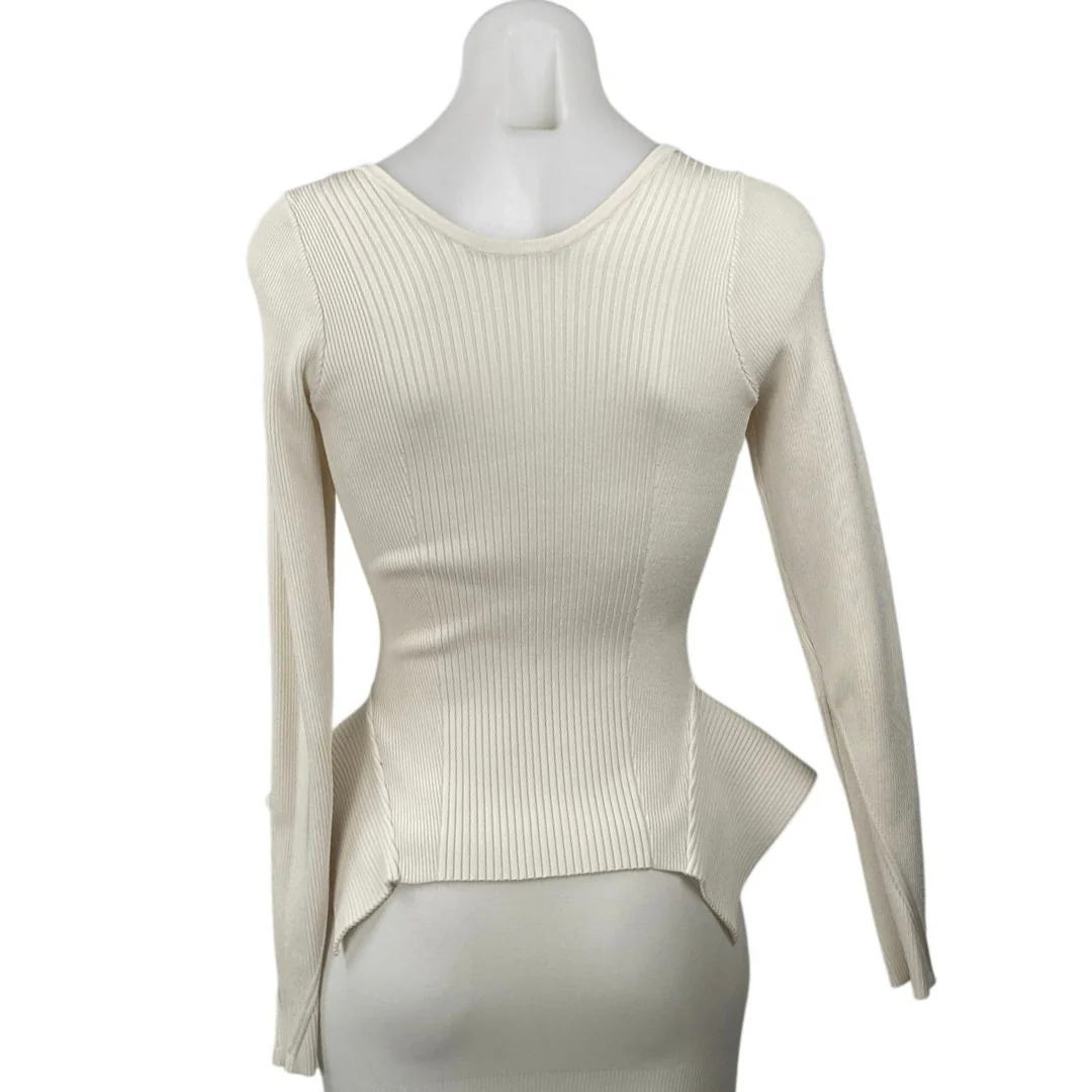 Guess Ivory Ribbed Knit Scoop Neck Long Sleeve Zip Peplum Cardigan Sweater Top M - Image 4