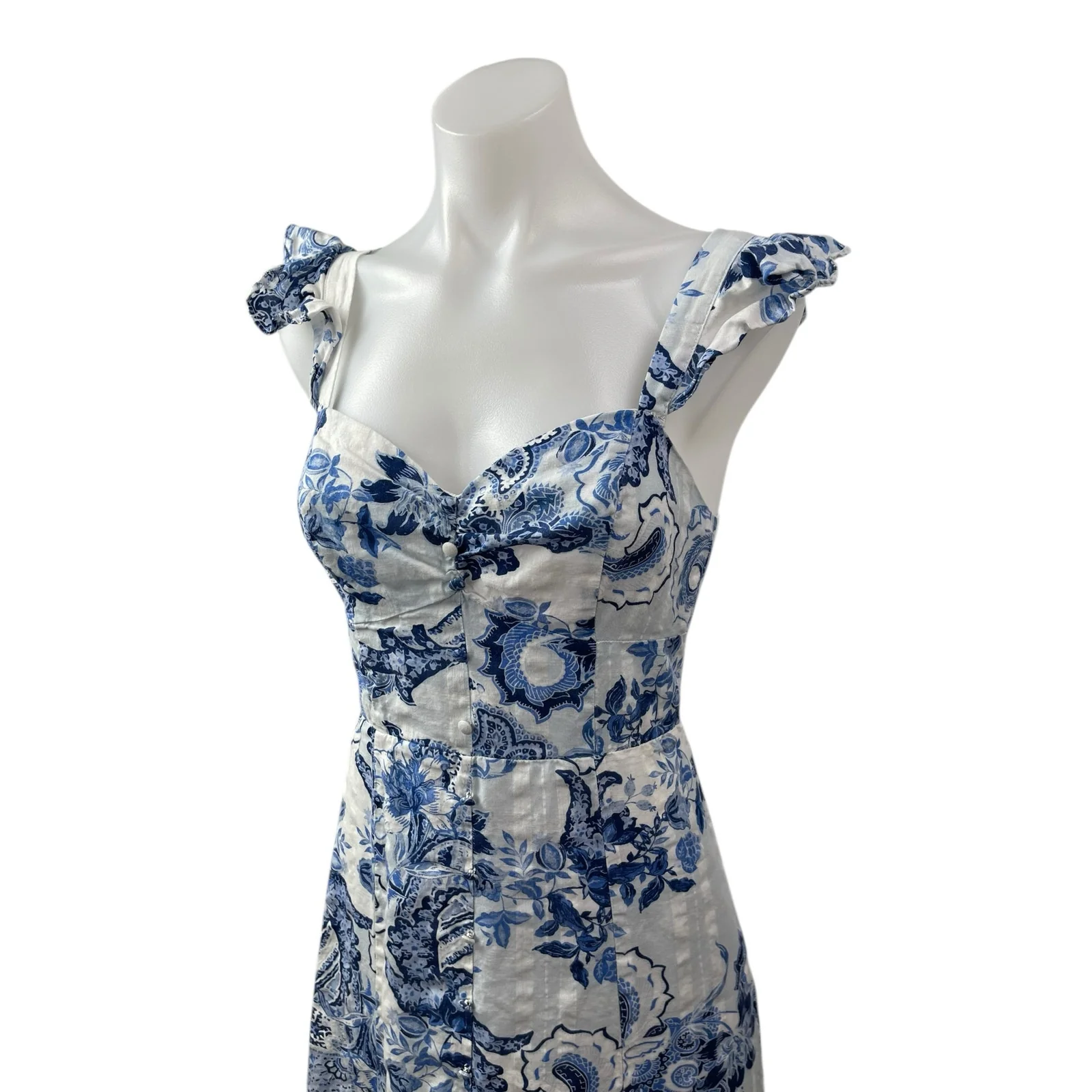 Guess Women's Blue Floral Paisley Ruffle Sleeve Sweetheart A Line Maxi Dress 2 - Image 2