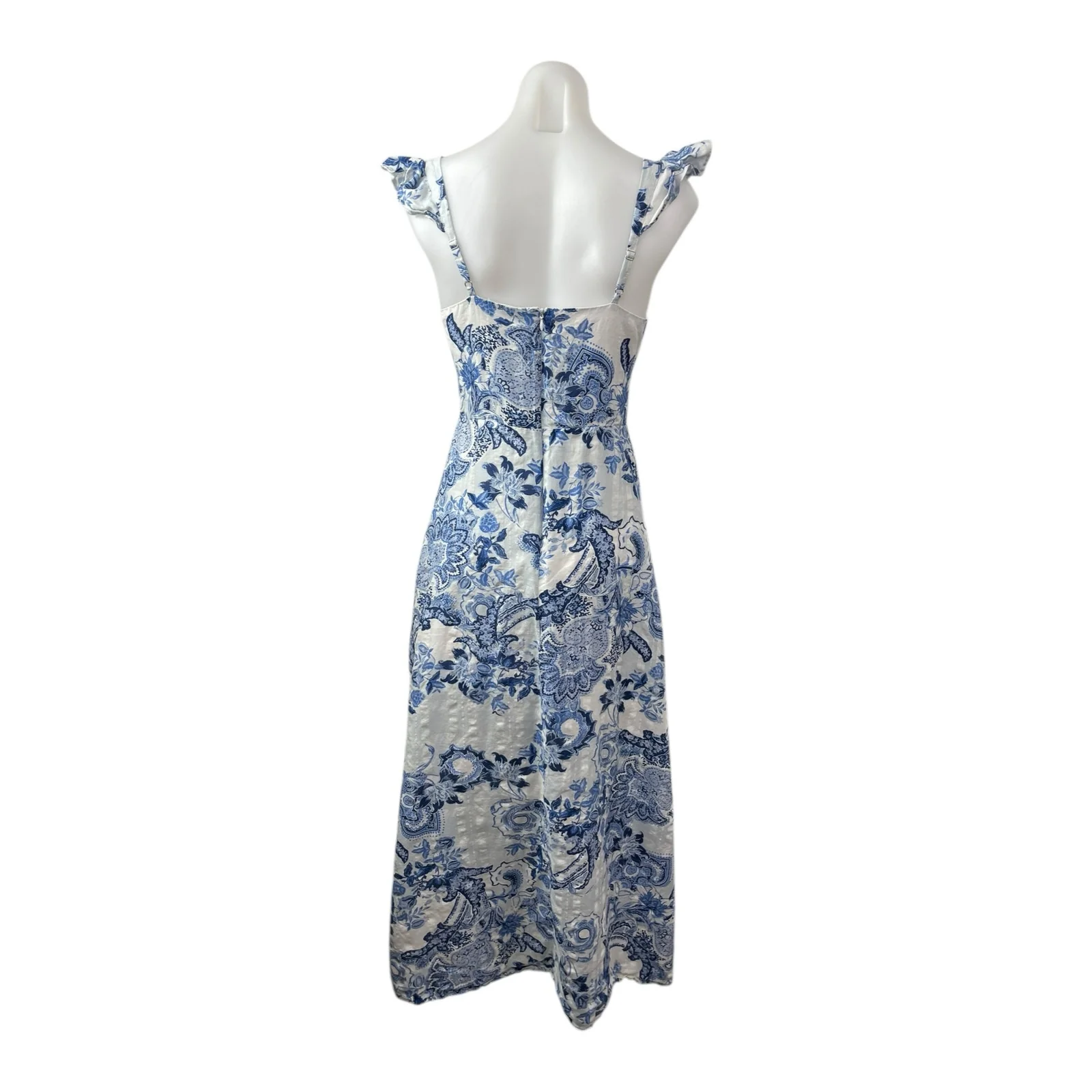 Guess Women's Blue Floral Paisley Ruffle Sleeve Sweetheart A Line Maxi Dress 2 - Image 5