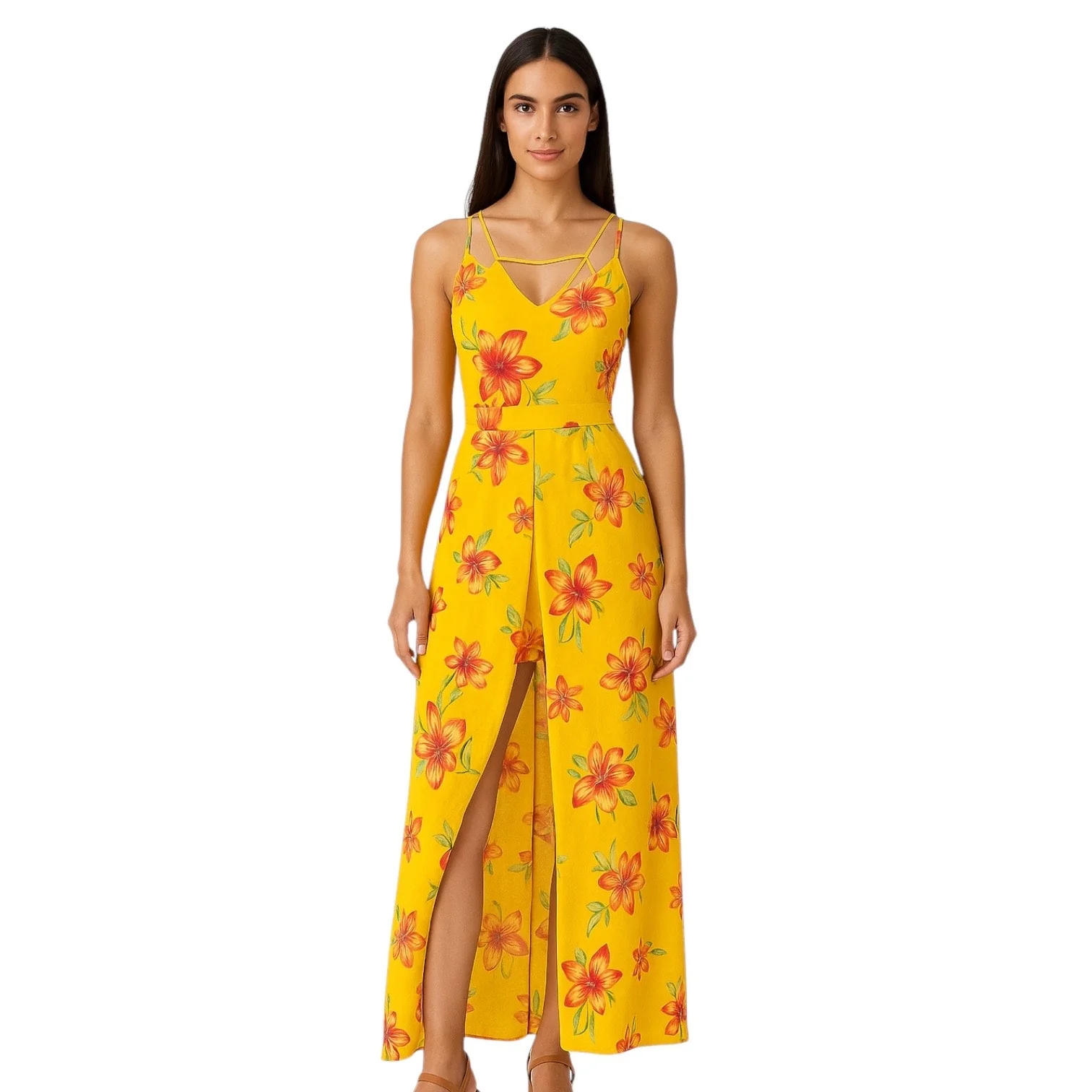Guess Yellow Floral Sleeveless Cami Camisole Tank Skort Skirt Romper Shorts L - Image 2