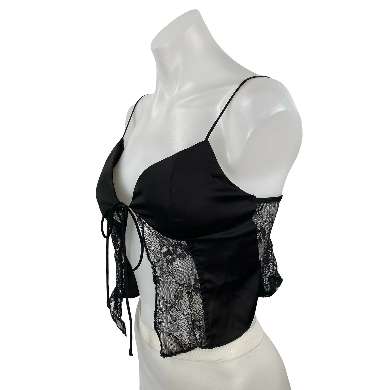 Guizio Lace Tie Womens Black Satin Floral Sheer Mesh Sleeveless Cami Tank Top XS - Image 2