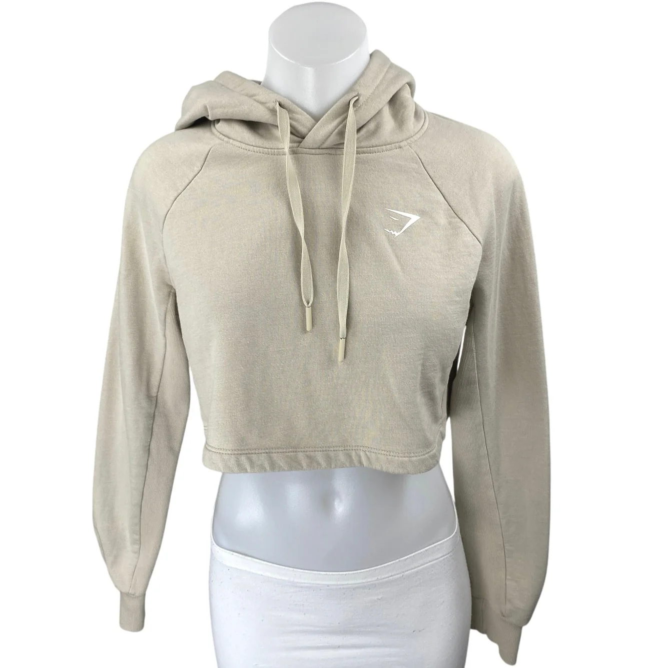 Gymshark Women's Beige Long Sleeve Fleece Hoodie Hooded Crop Sweatshirt Top XS