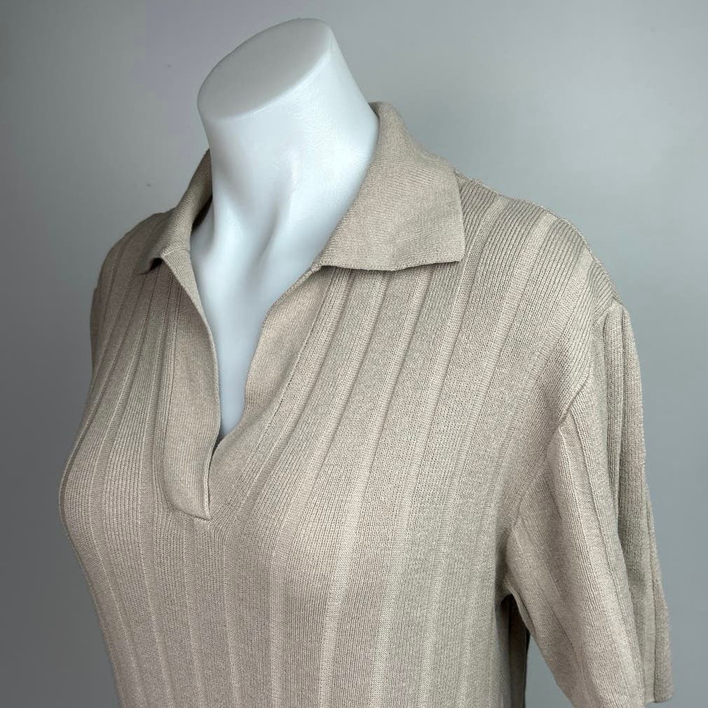 H&M Beige Ribbed Knit Short Sleeve Stretch Collared Polo Mini Dress Size XS - Image 4