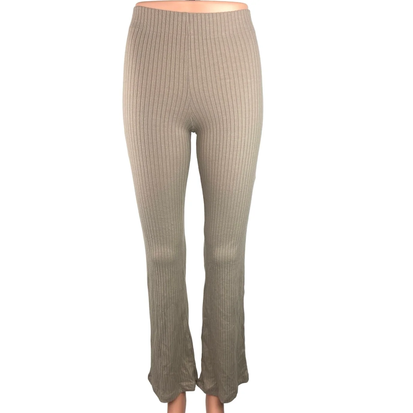H&M Beige Ribbed Stretch Mid Rise Cropped Flare Leg Activewear Yoga Pants Sz XS