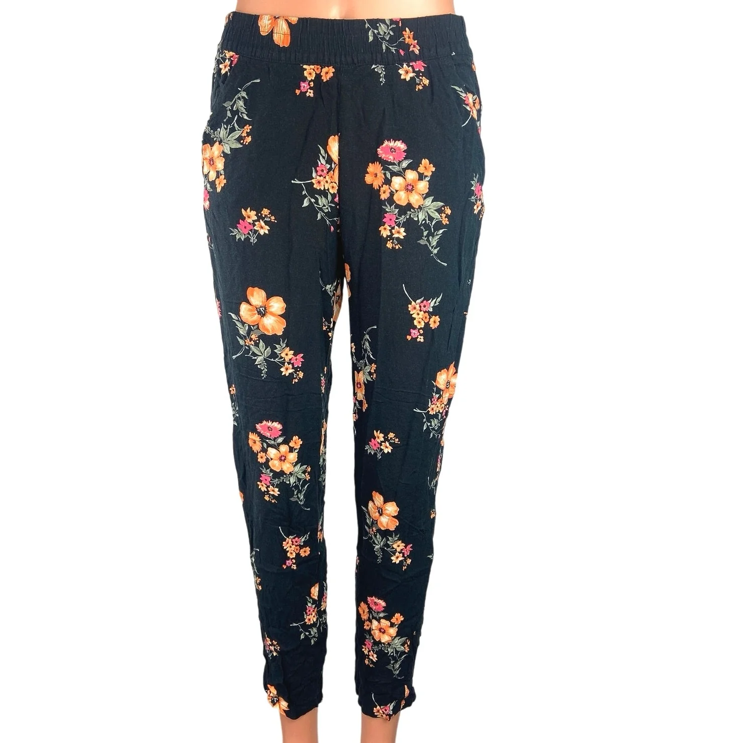 H&M Black Floral Print Elastic Waist Pull On Pockets Trouser Ankle Pants Size 2