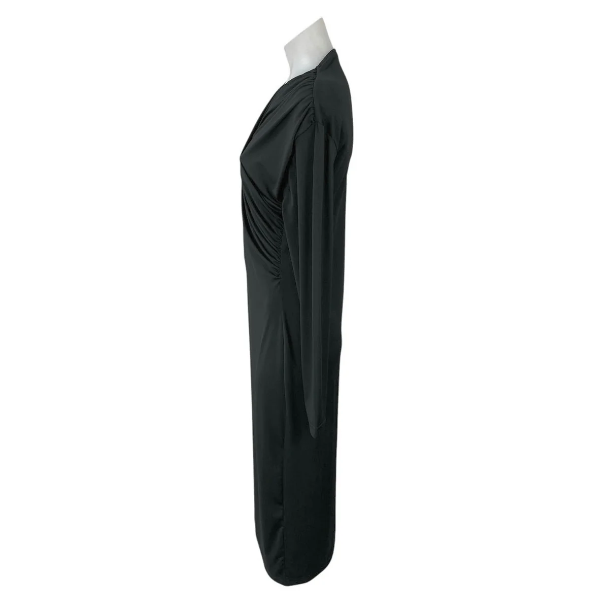 H&M Black Long Sleeve Faux Wrap V Neck Stretch Formal Midi Sheath Dress Size L - Image 2