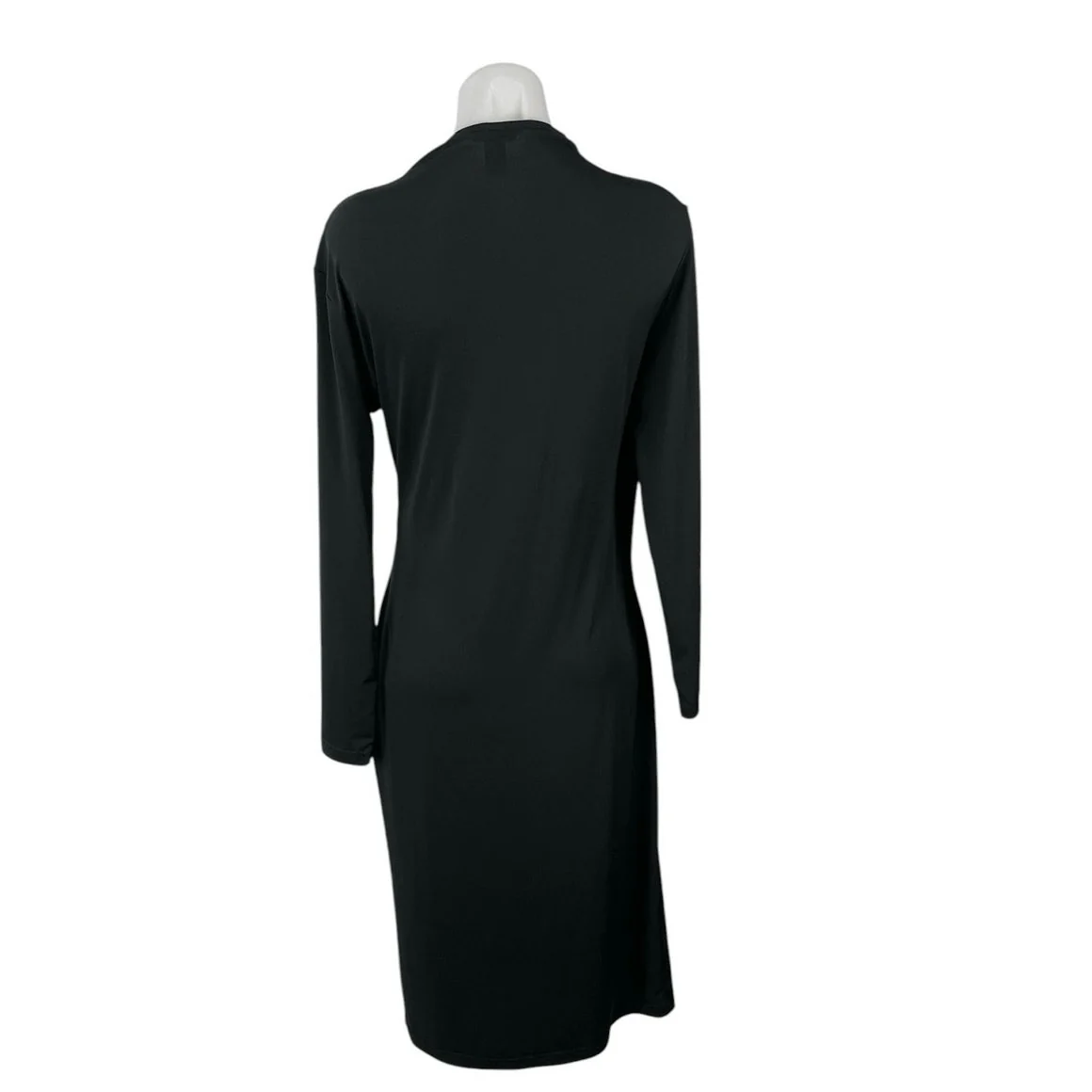 H&M Black Long Sleeve Faux Wrap V Neck Stretch Formal Midi Sheath Dress Size L - Image 3