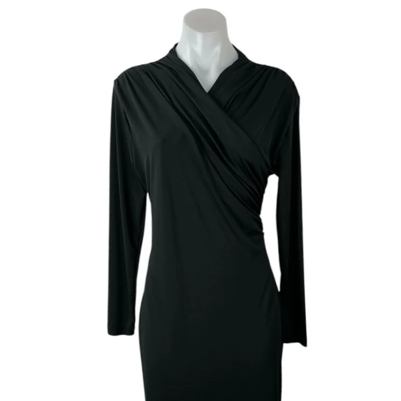 H&M Black Long Sleeve Faux Wrap V Neck Stretch Formal Midi Sheath Dress Size L - Image 4