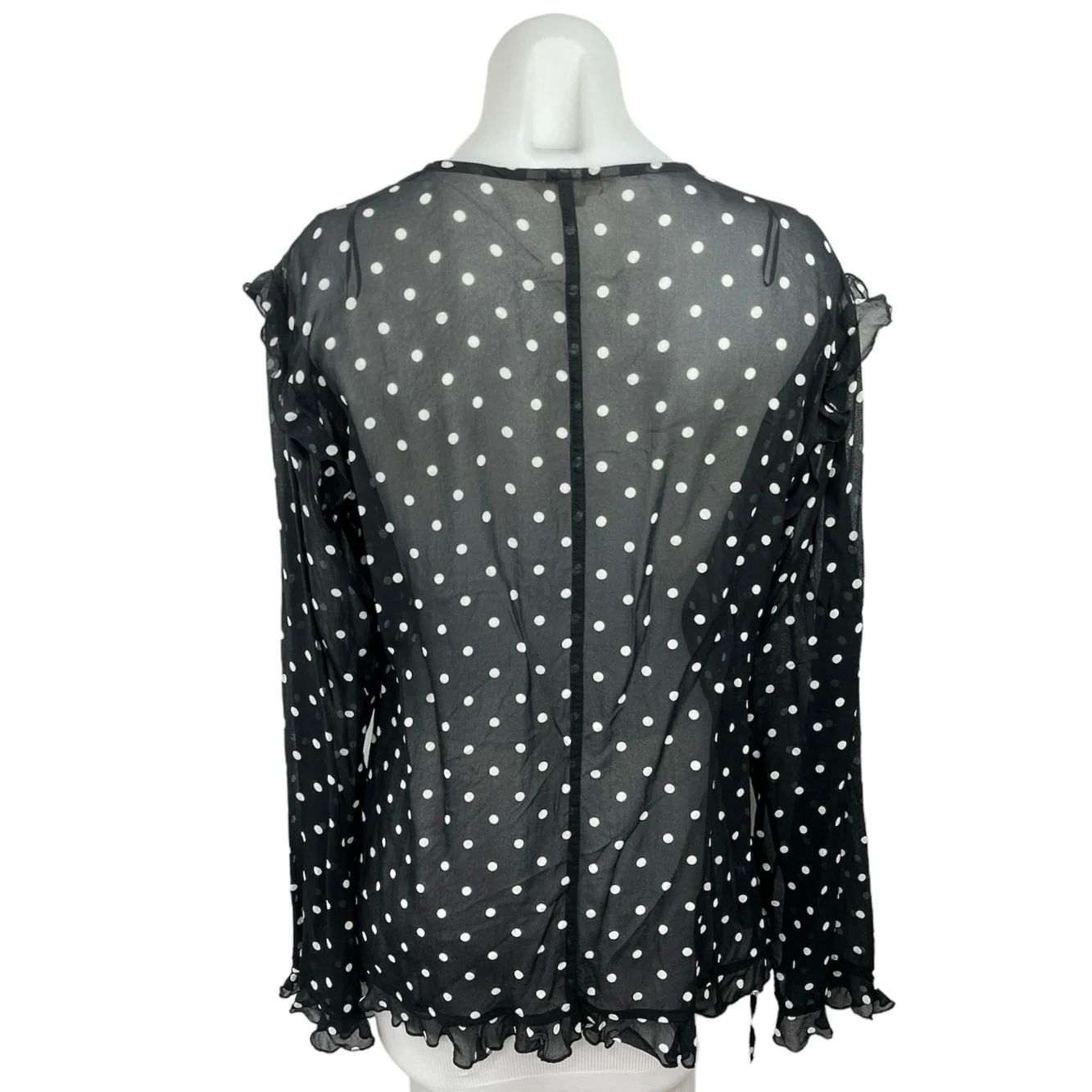H&M Black Polka Dots V-neck Tie Front Ruffles Long Sleeve Sheer Blouse Top Sz S - Image 2
