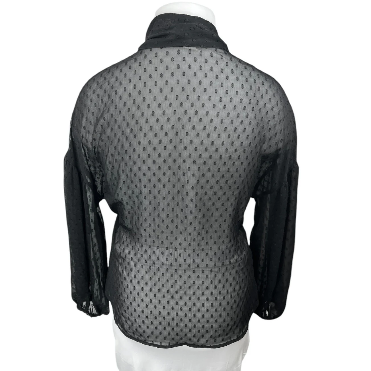 H&M Black Polka Swiss Dot Sheer Tie Neck Long Sleeve Button Up Blouse Top Sz 14 - Image 2