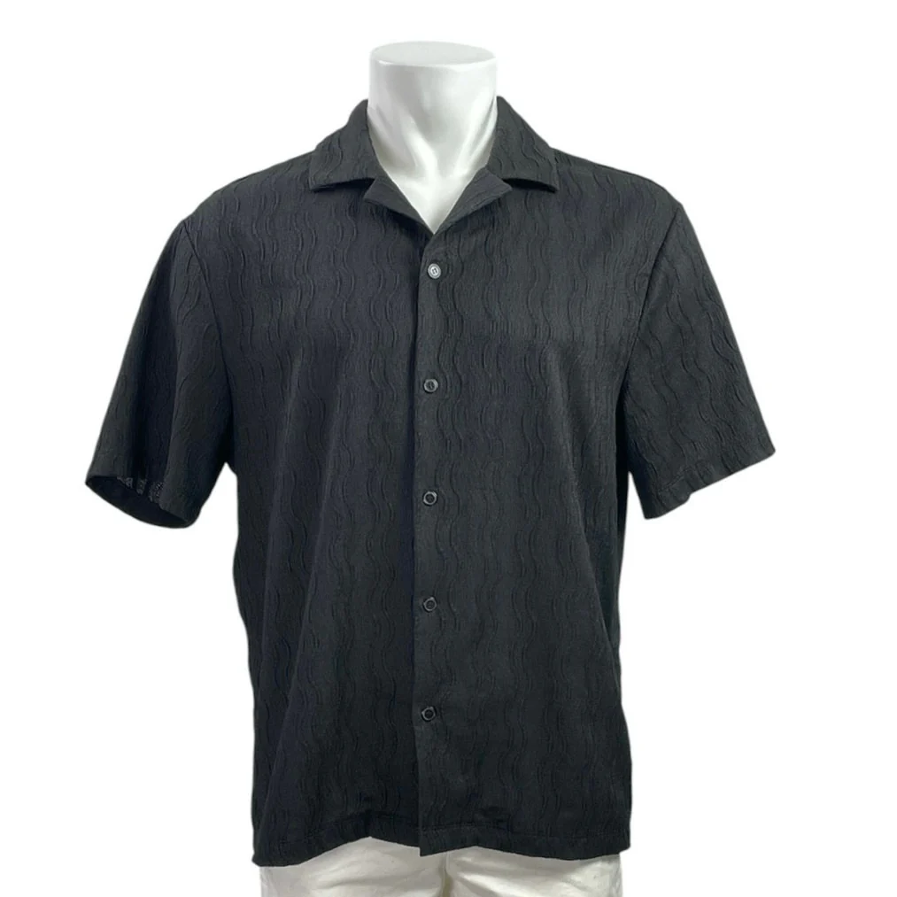 H&M Black Texture Weave Collared Short Sleeve Button Down Resort Shirt Top Sz L