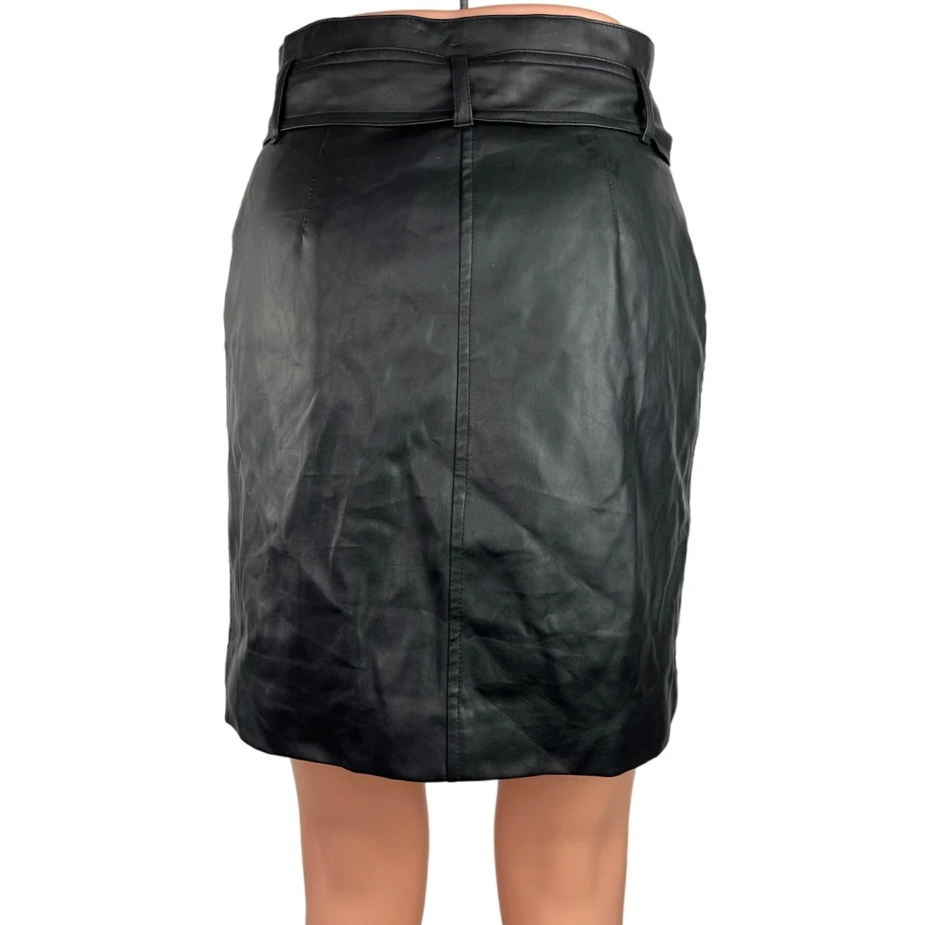 H&M Black Vegan Faux Leather Belted Pockets Paperbag Mini Pencil Skirt Size 4 - Image 3