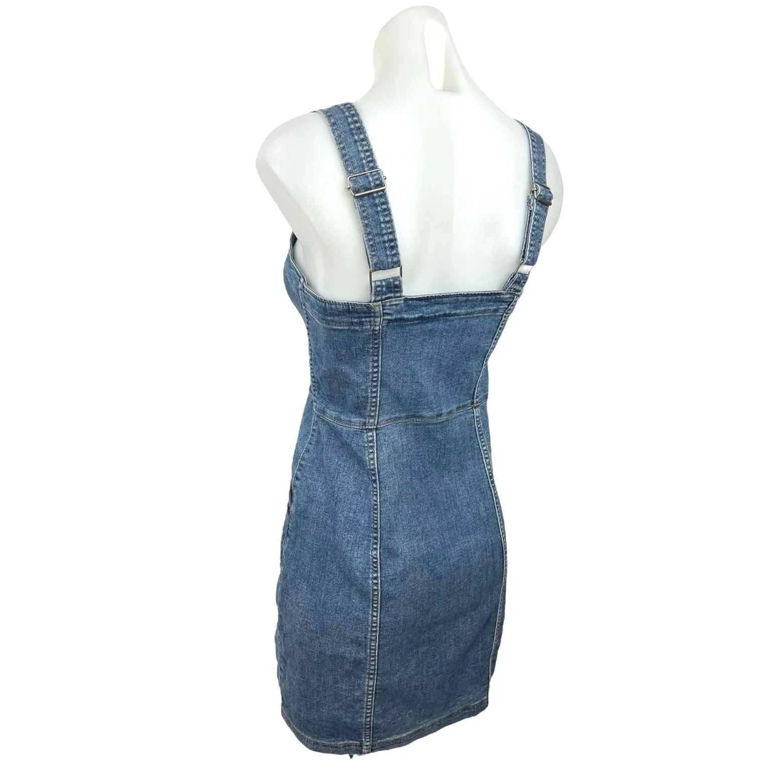 H&M Blue Y2K Stretch Denim Square Neck Sleeveless Button Mini Denim Jean Dress 4 - Image 2