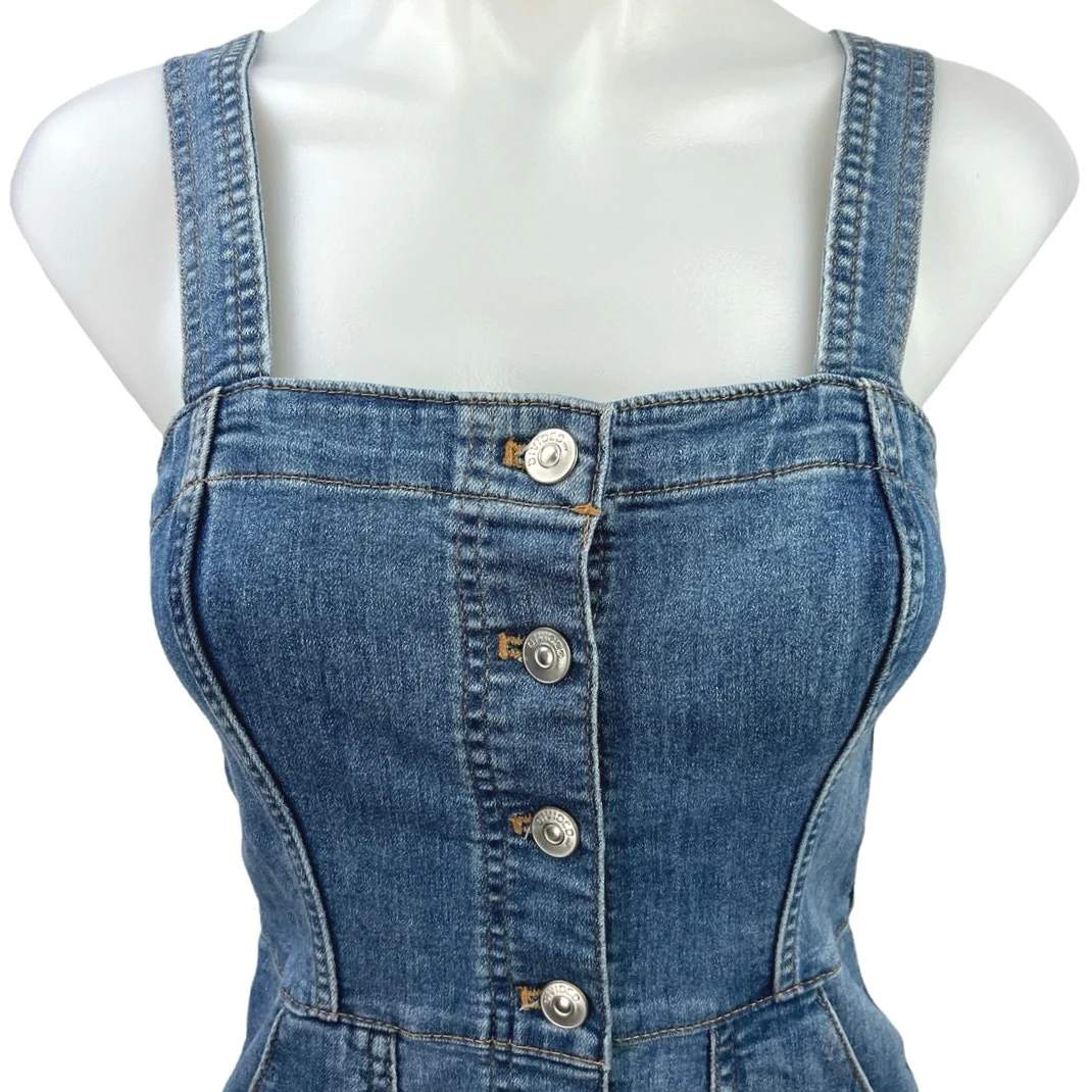 H&M Blue Y2K Stretch Denim Square Neck Sleeveless Button Mini Denim Jean Dress 4 - Image 3