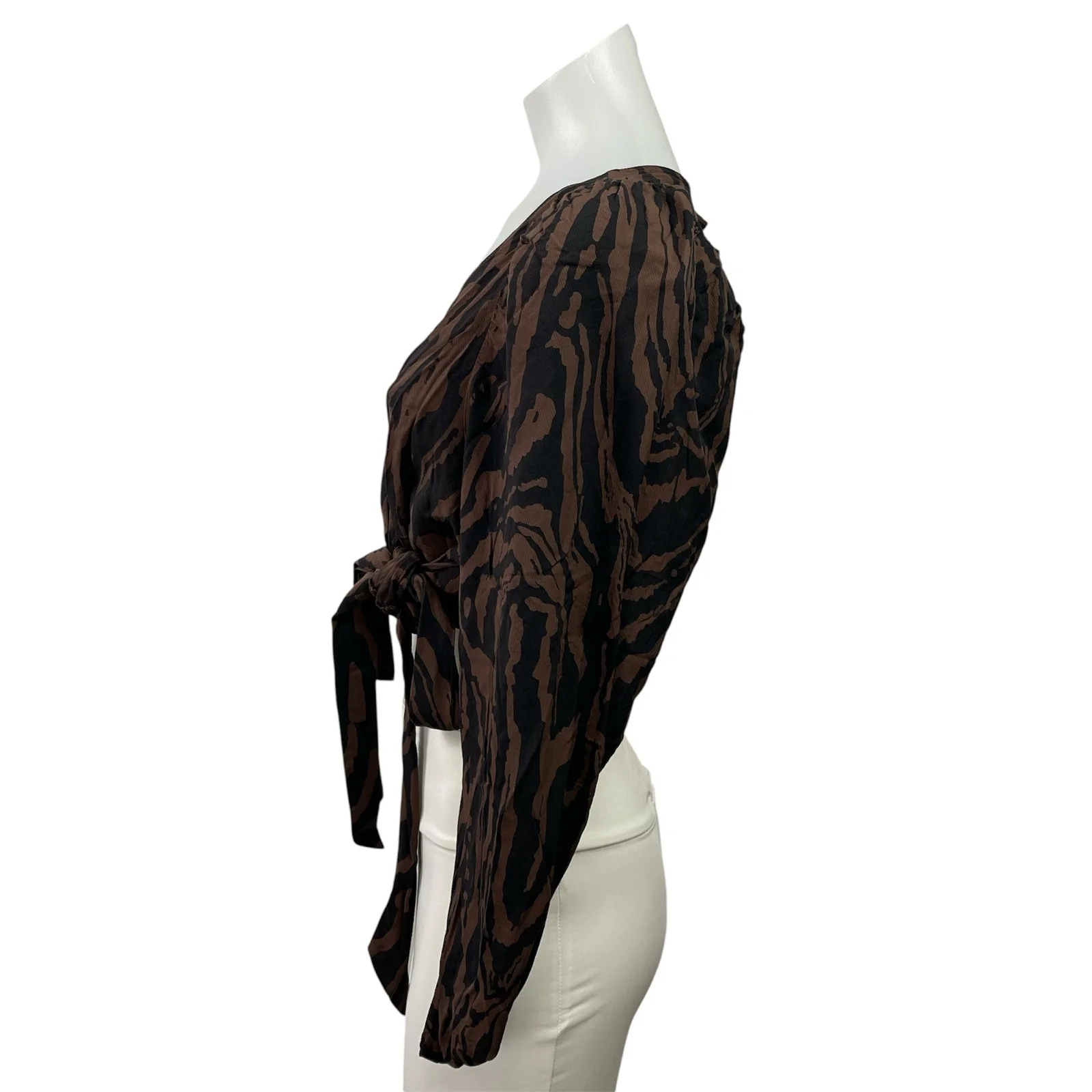 H&M Brown Black Zebra Long Sleeve V Neck Wrap Tie Cropped Blouse Top Size S - Image 2