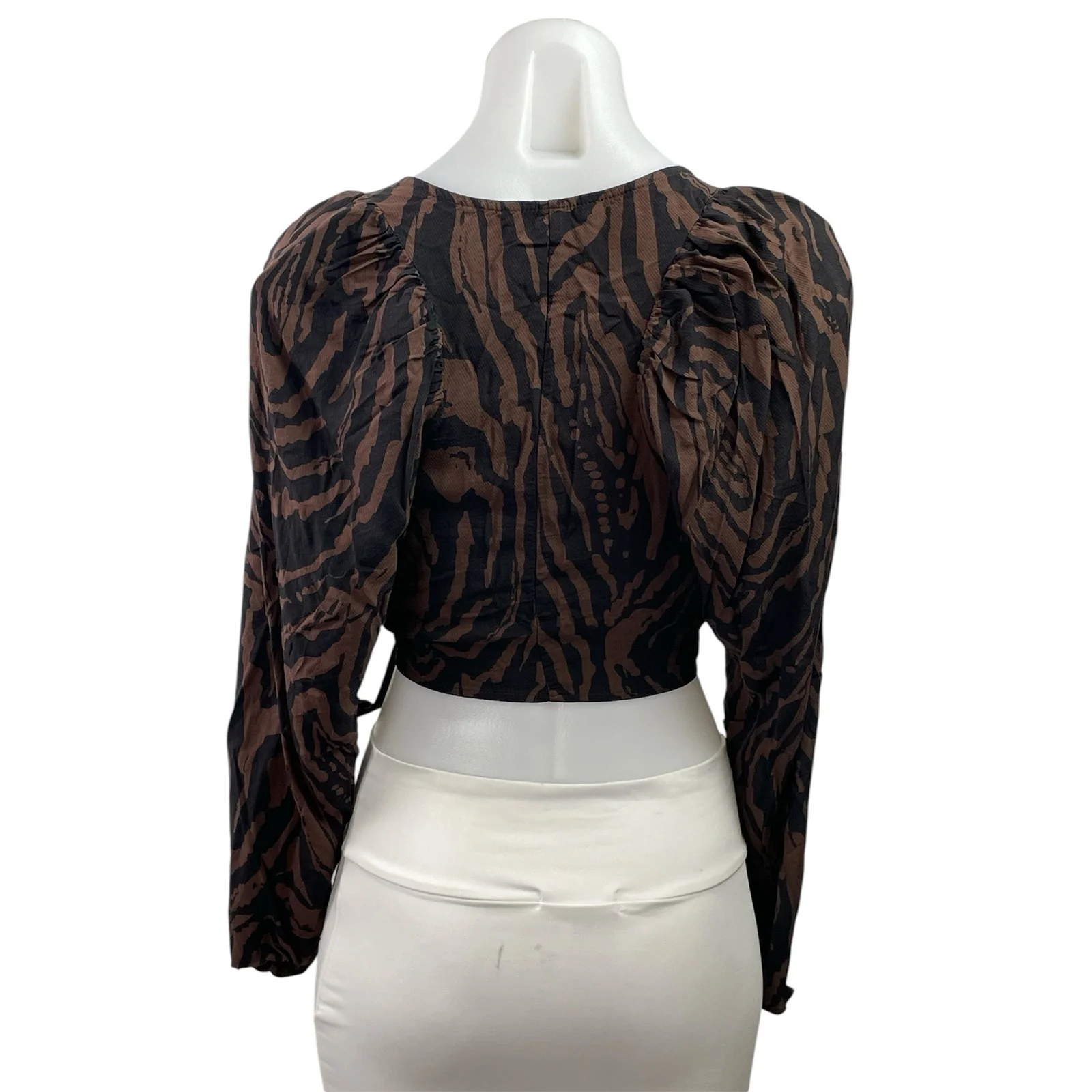 H&M Brown Black Zebra Long Sleeve V Neck Wrap Tie Cropped Blouse Top Size S - Image 3