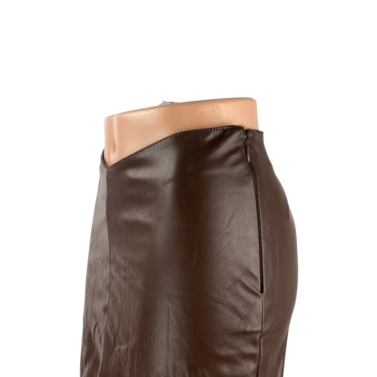 H&M Brown Faux Leather Vegan Mid Waist Y2k Zip Boho Pencil Mini Skirt Size XS - Image 2