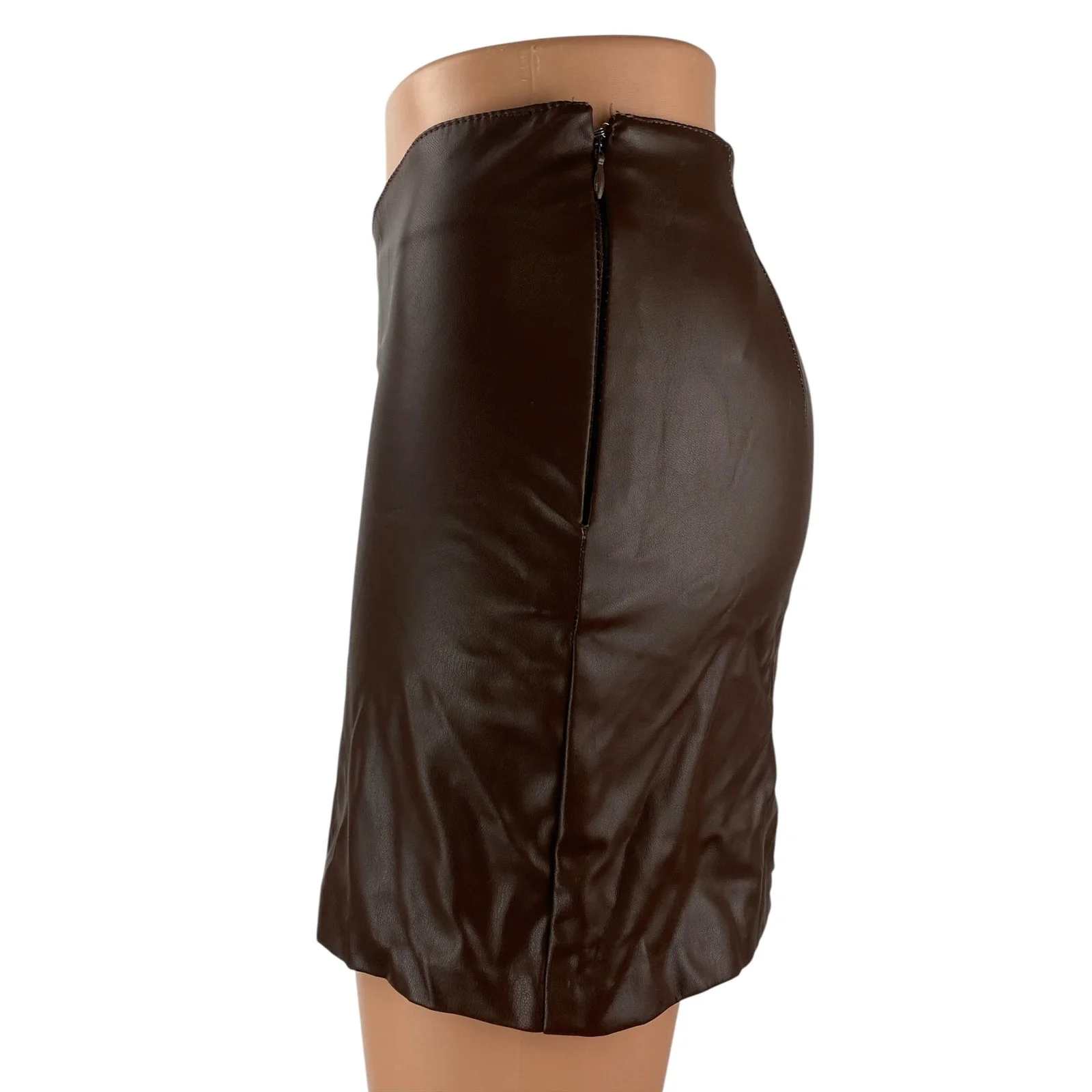 H&M Brown Faux Leather Vegan Mid Waist Y2k Zip Boho Pencil Mini Skirt Size XS - Image 3