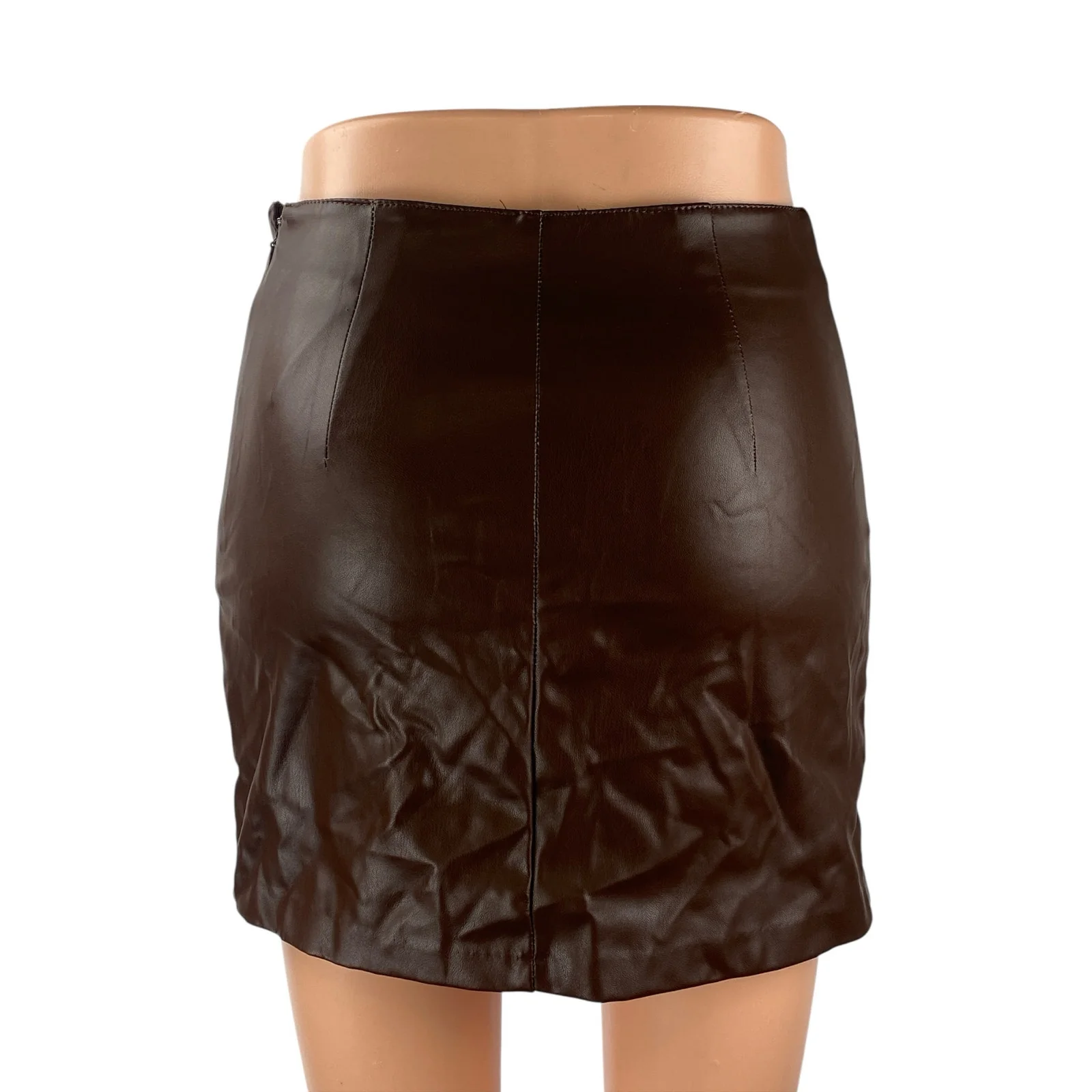 H&M Brown Faux Leather Vegan Mid Waist Y2k Zip Boho Pencil Mini Skirt Size XS - Image 4