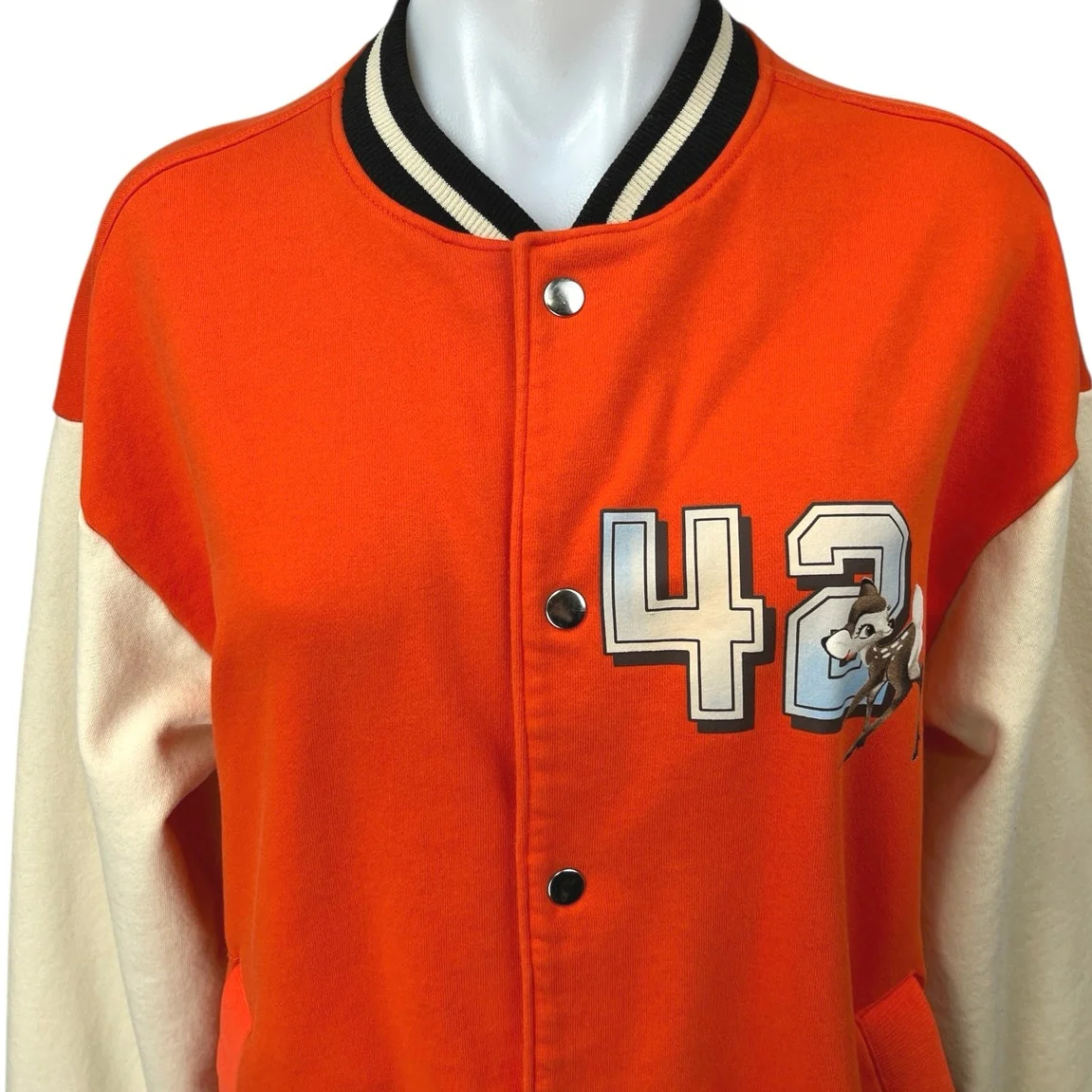 H&M Disney Bambi Flower Power Orange Button Up Varsity Letterman Bomber Jacket M - Image 3