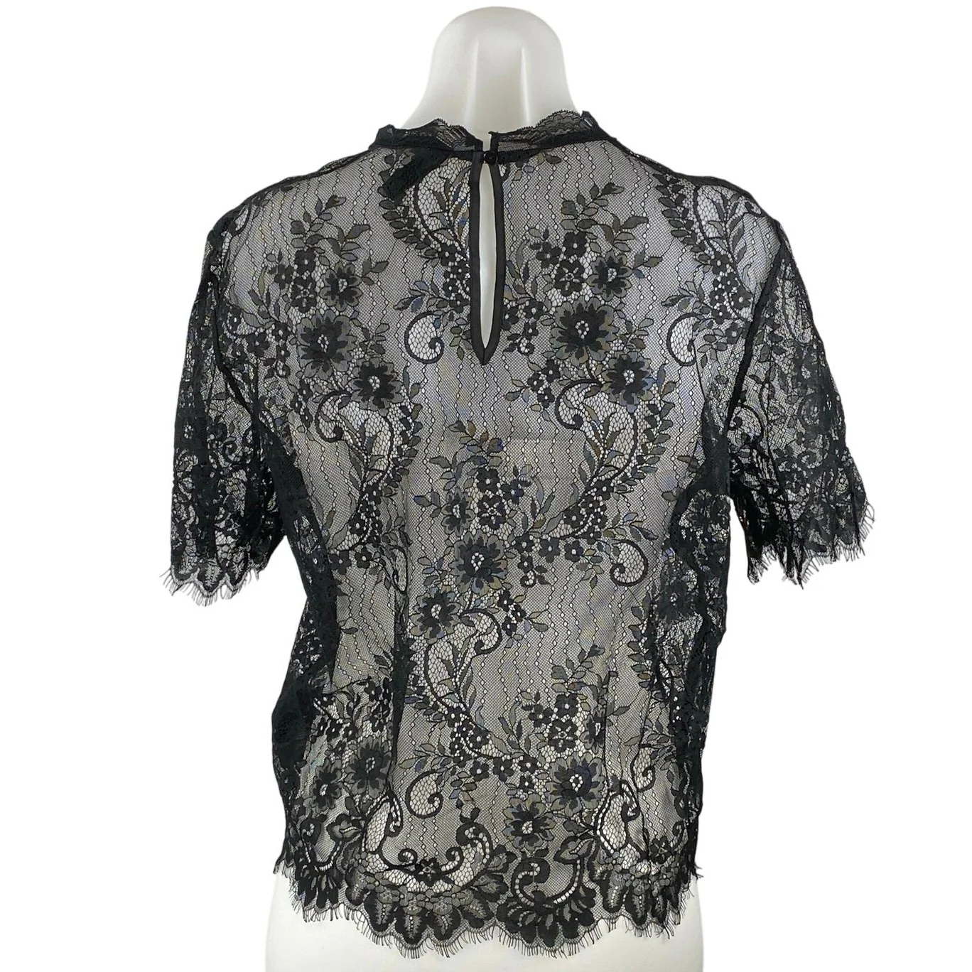 H&M Divided Black Floral Paisley Sheer Short Sleeve Lace Fringe Blouse Top Sz 8 - Image 3