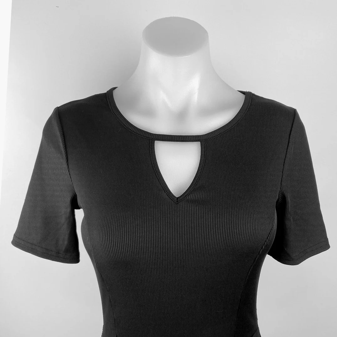H&M Divided Black Ribbed Knit Cut-Out Neck Short Sleeve Fit & Flare Dress Size 4 - Image 3