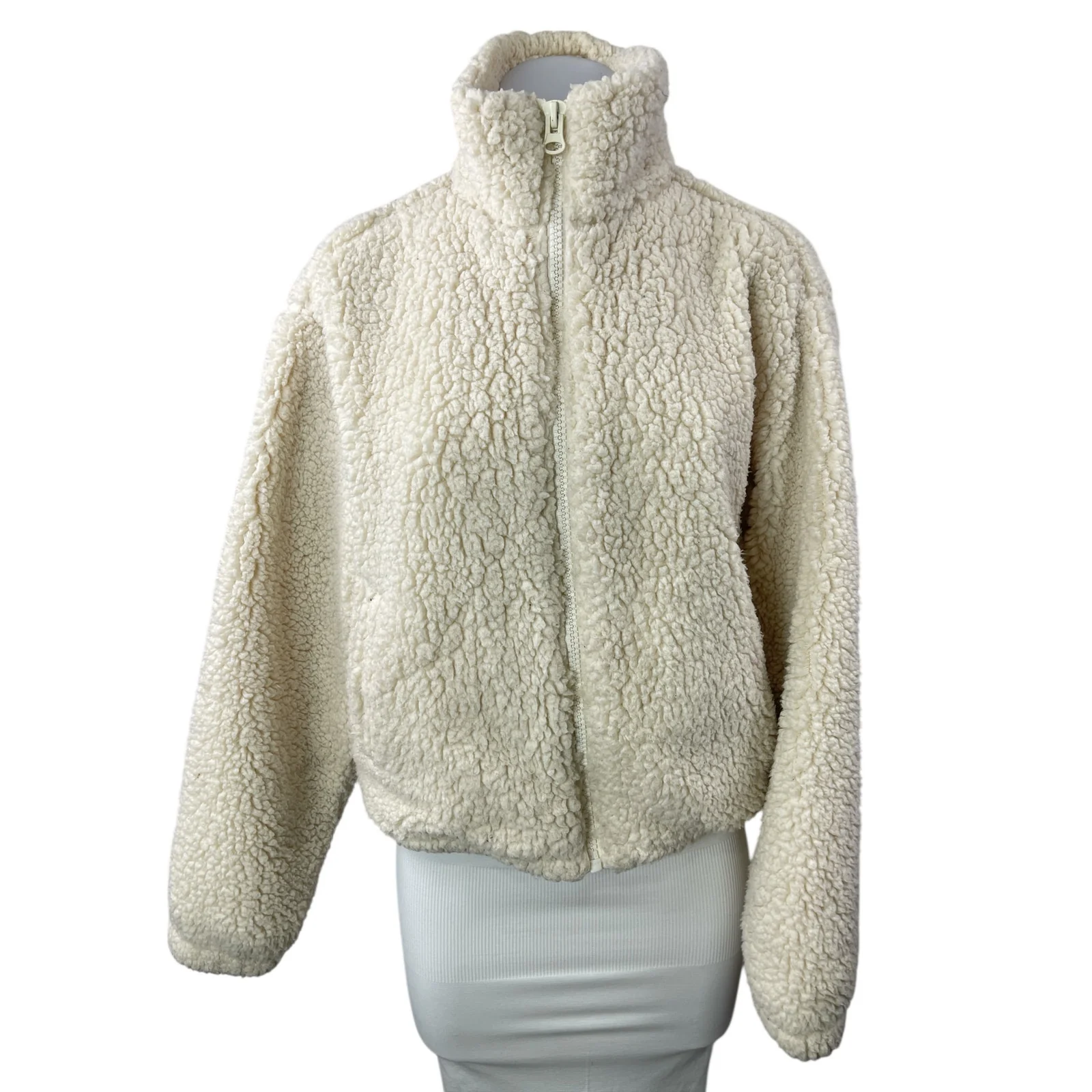 H&M Divided Womens Cream Sherpa Fleece High Neck Long Sleeve Coat Jacket Size S