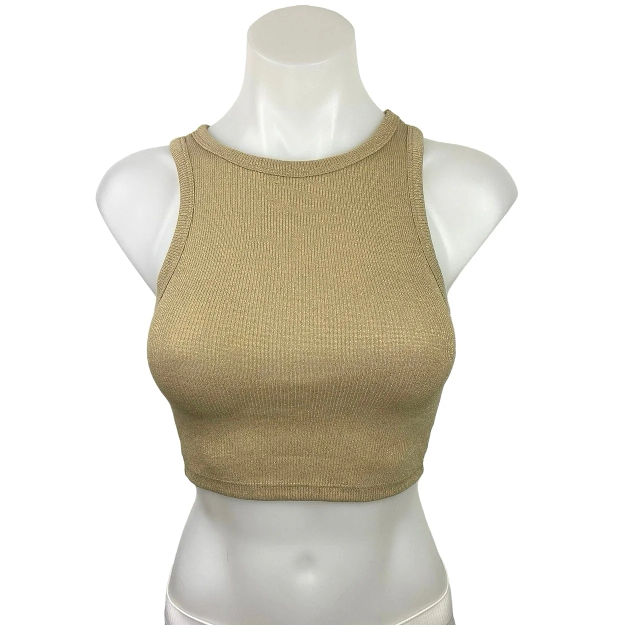 H&M Gold High Neck Knit Metallic Pullover Stretch Cropped Tank Top Size XS
