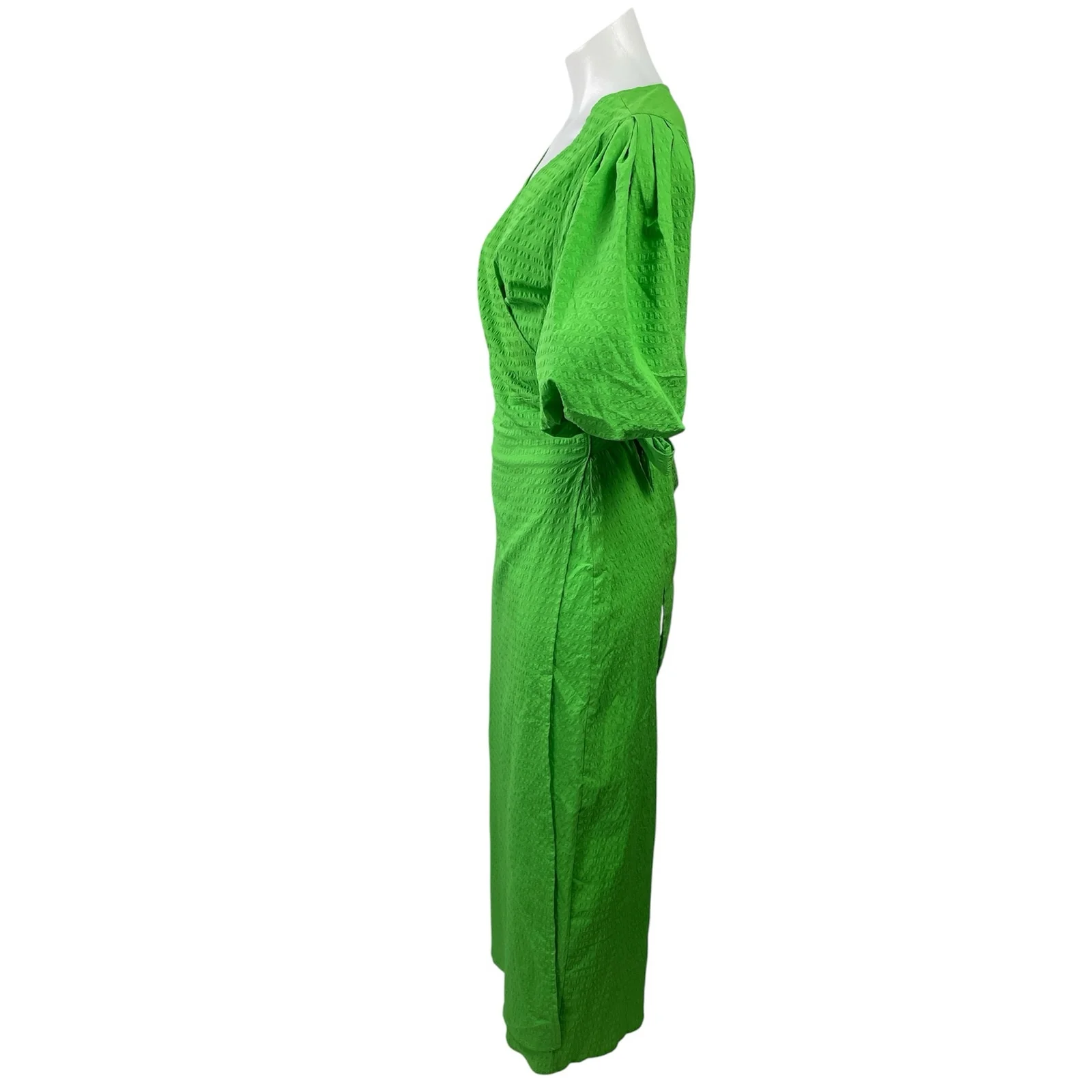 H&M Green Short Balloon Sleeve V Neck Tie Waist V Neck Wrap Maxi Dress Size XS - Image 2