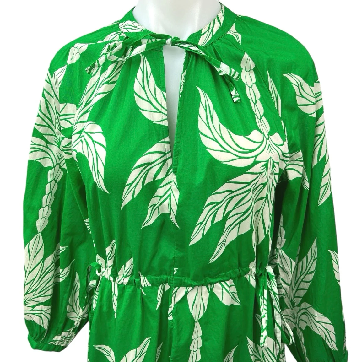 H&M Green White Leaves Tropical Tie Neck Long Sleeve A Line Midi Dress Size S - Image 3
