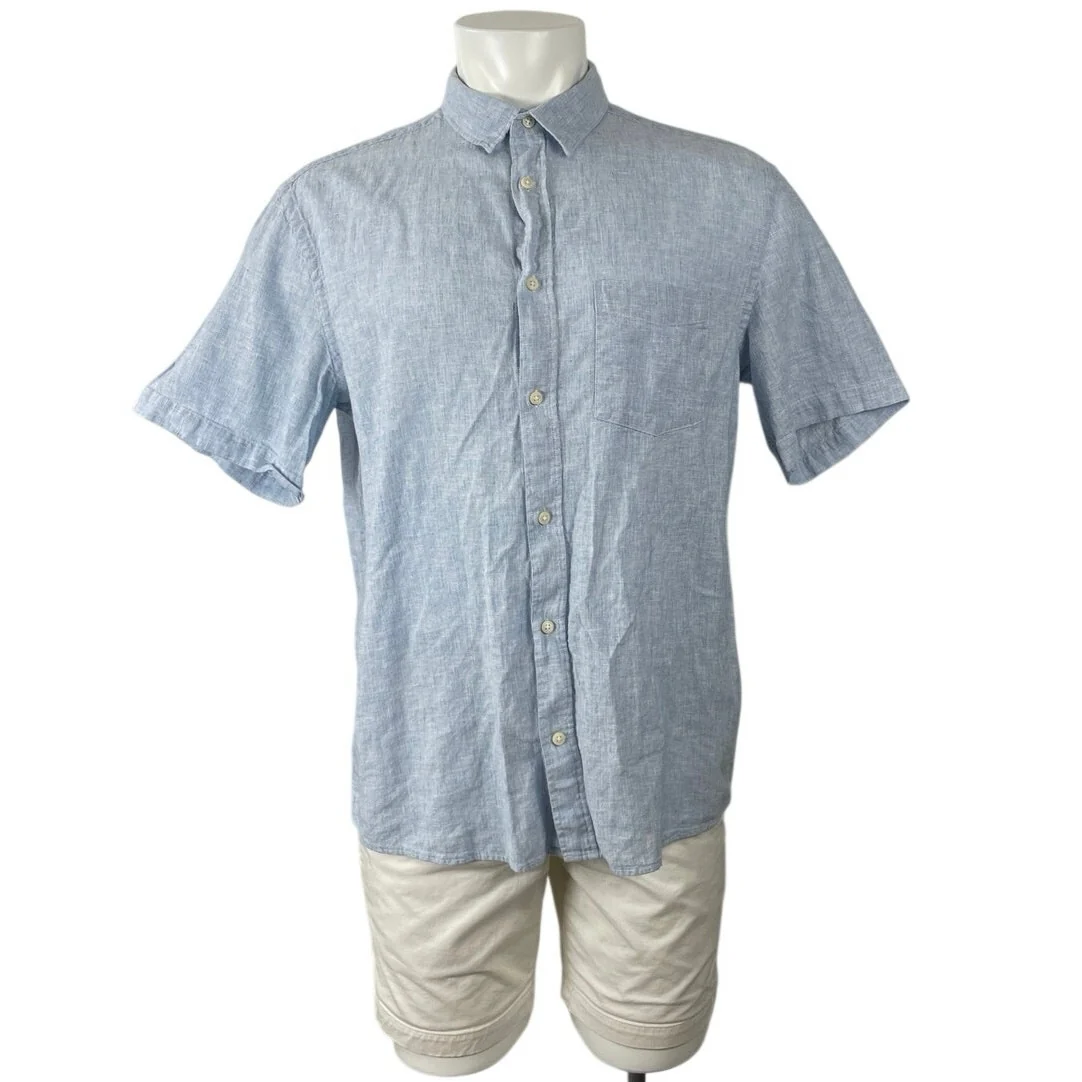 H&M Men's Light Blue Linen Collared Short Sleeve Casual Button Down Shirt Top L