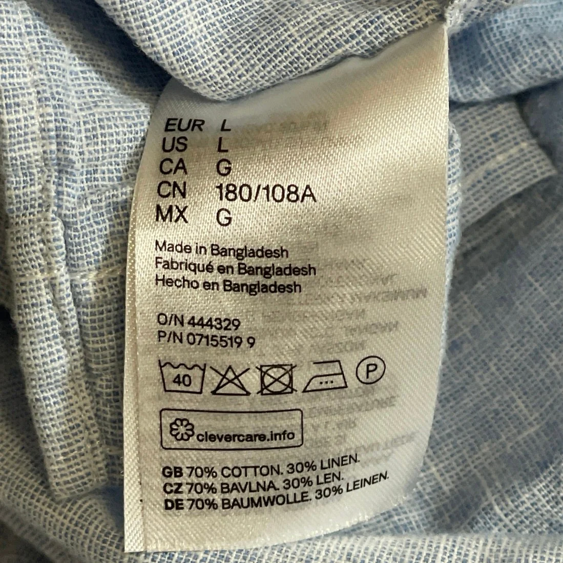 H&M Men's Light Blue Linen Collared Short Sleeve Casual Button Down Shirt Top L - Image 6