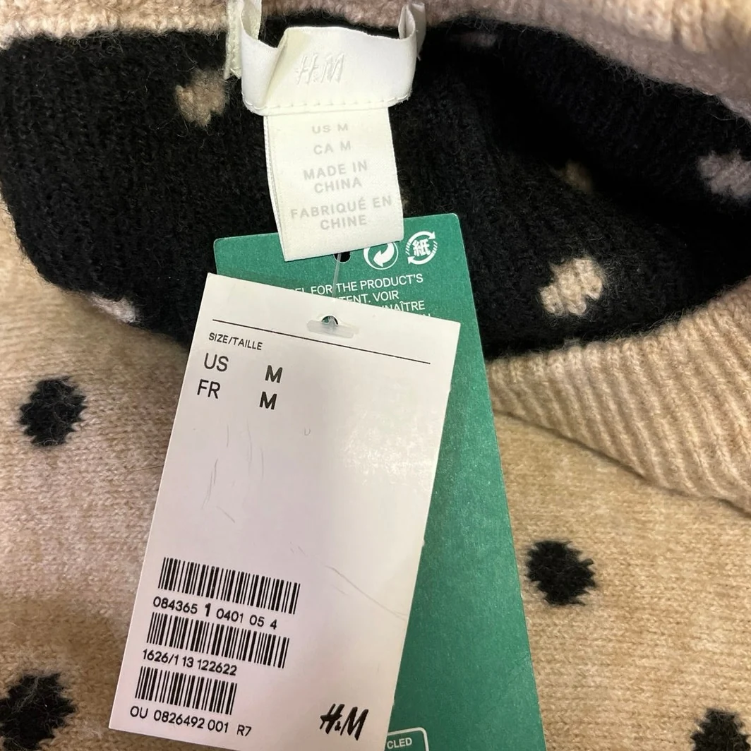 H&M NWT Beige Black Crew Neck Wool Oversized Pullover Sweater Top Size M - Image 3