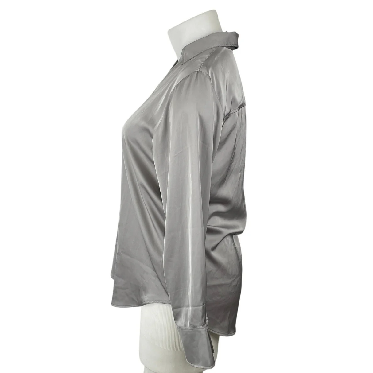 H&M Silver Gray Satin Collared Long Sleeve Office Button Down Shirt Blouse Top M - Image 3